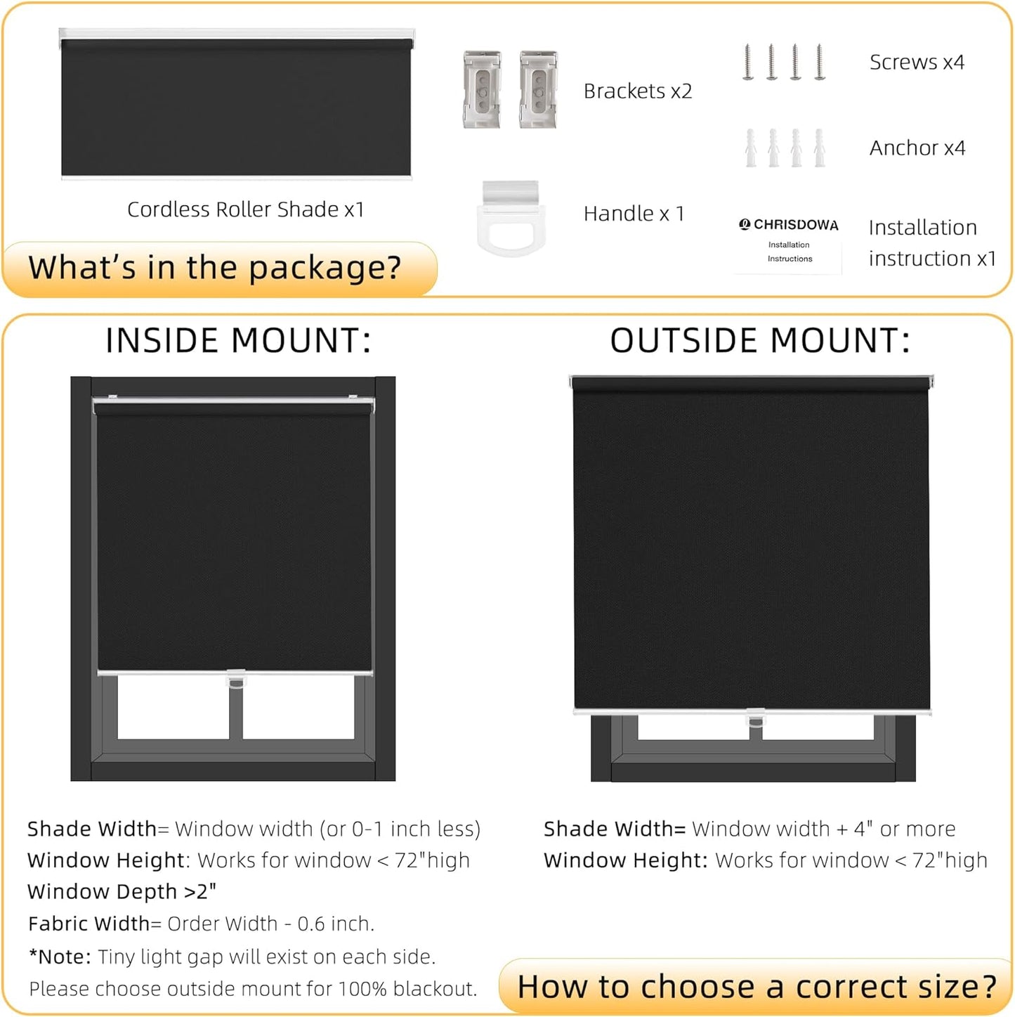 ChrisDowa Cordless Blackout Roller Shades for Windows, Thermal Insulated UV Protection Pull Down Shades, Total Blackout Window Blinds for Home, Office, Bedroom, Door (72" W x 72" H, Black)