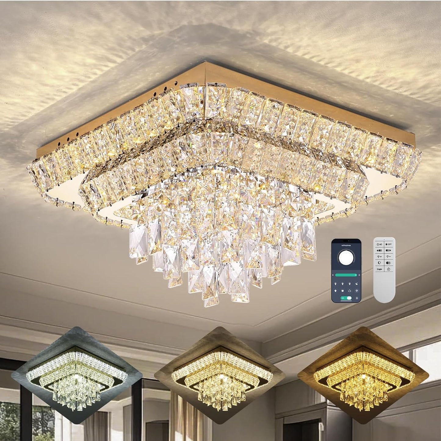Elegant LED Gold Crystal Raindrop Ceiling Light,18 Inch Square Flush Mount Chandelier with Remote for Living Room Kitchen Island Bedroom Hallway Entryway Foyer (Dimmable)