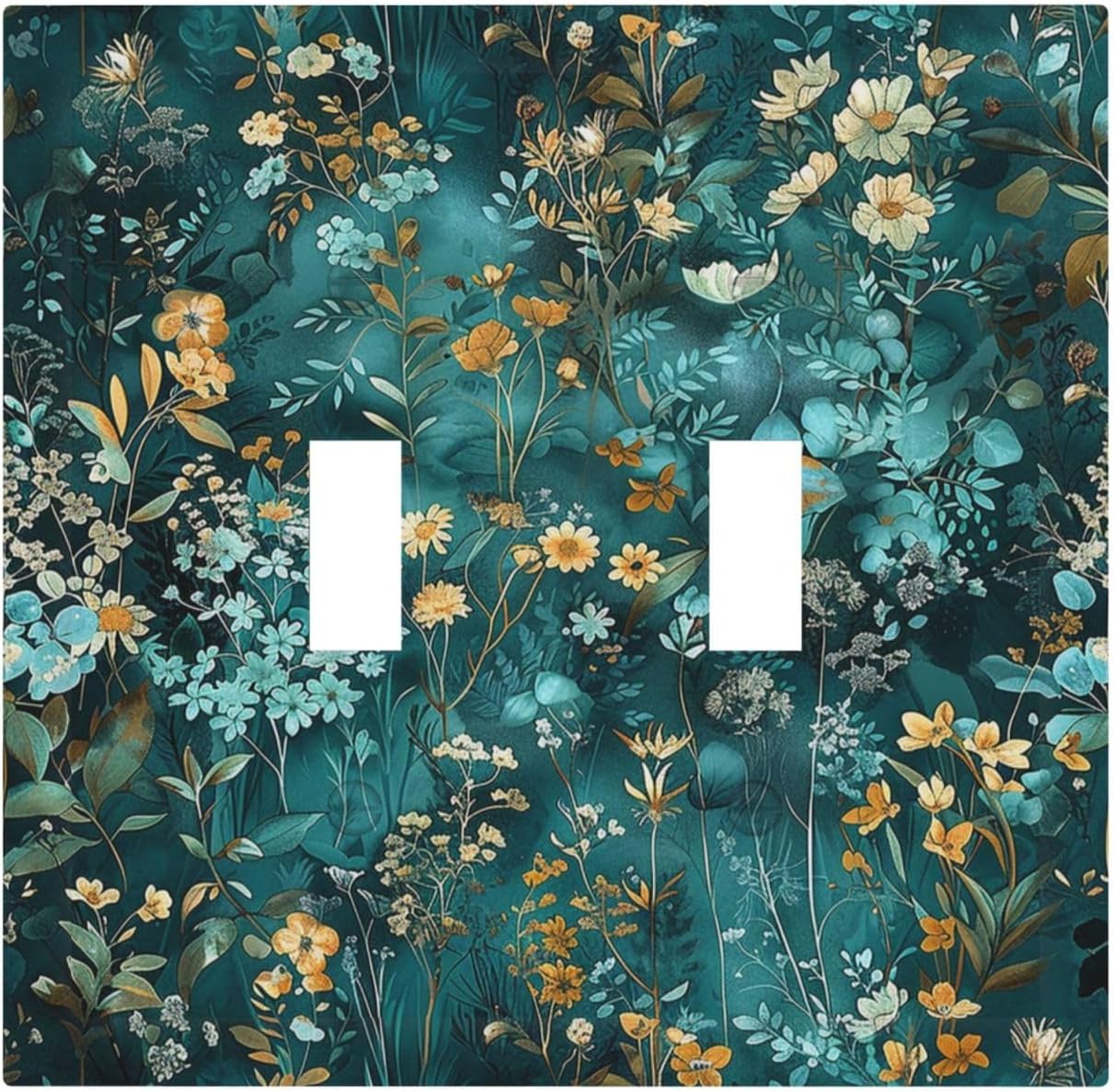 Decorative Switch Plates Green Leaf Floral Boho Golden Flower Plant 2 Gang Double Toggle Outlet Light Switch Cover Wall Plate Electrical Faceplate For Bed Room Cabin Decor