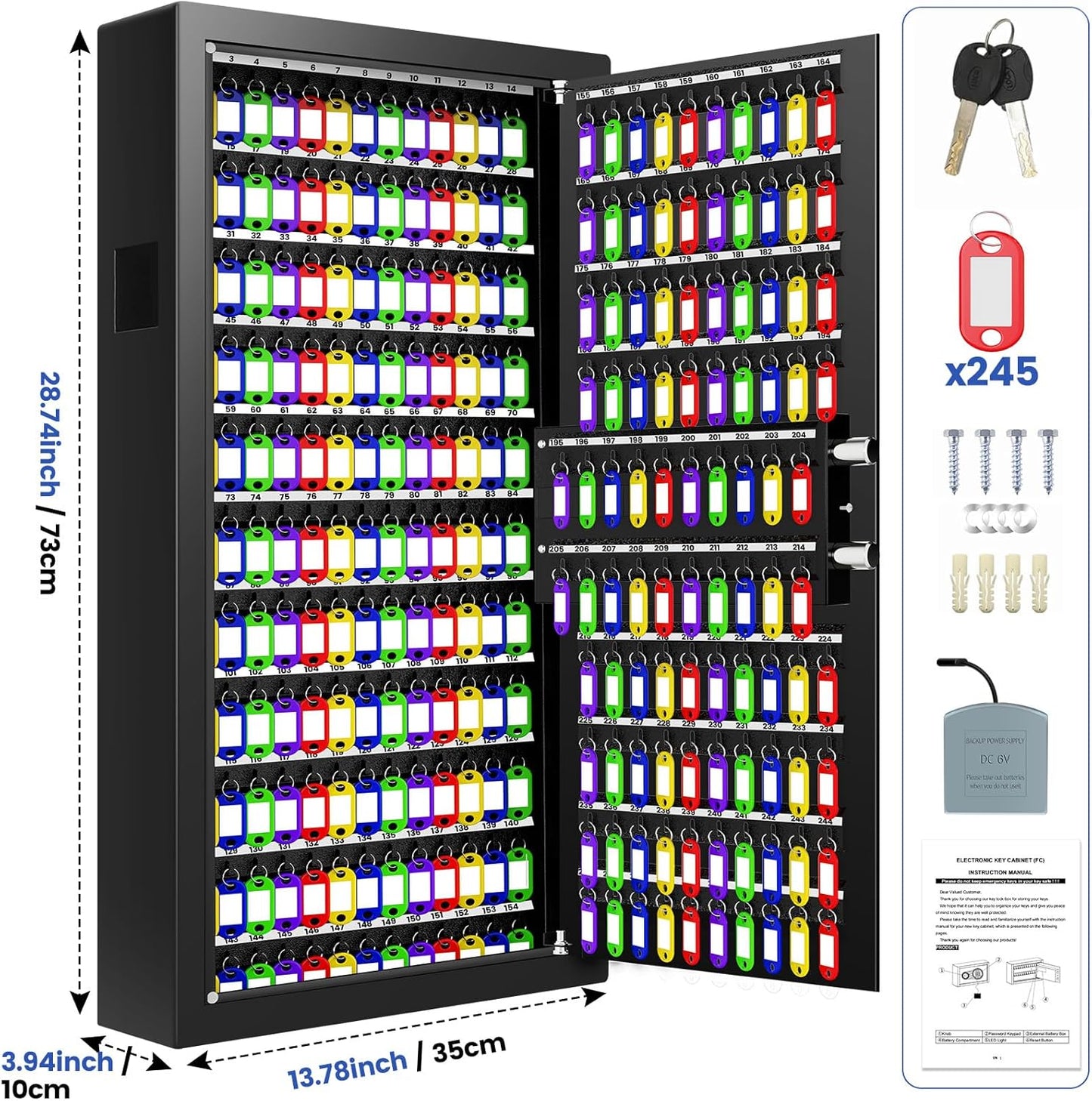 254 Keys Digital Key Lock Box Wall Mount with Code, Heavy Duty Anti-Theft Key Lock Box with Side Drop Slot and Colorful Key Tags for Car Garage House Rental Office