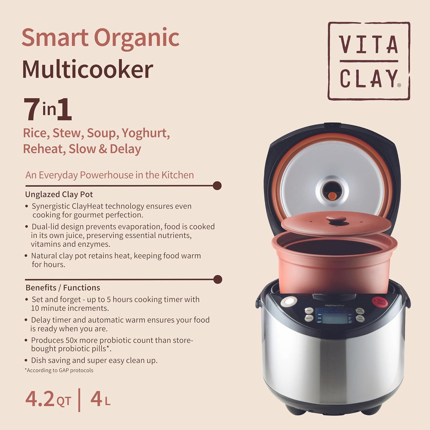 VitaClay Smart Organic Clay Pot Multi Cooker - Toxin Free Clay Rice Cooker, Delay Start Slow Cooker, Stew Cooker, Electric Soup Pot, Yogurt Maker, with Natural Earthen Clay Crock, 8 Cup / 4.2-Quart