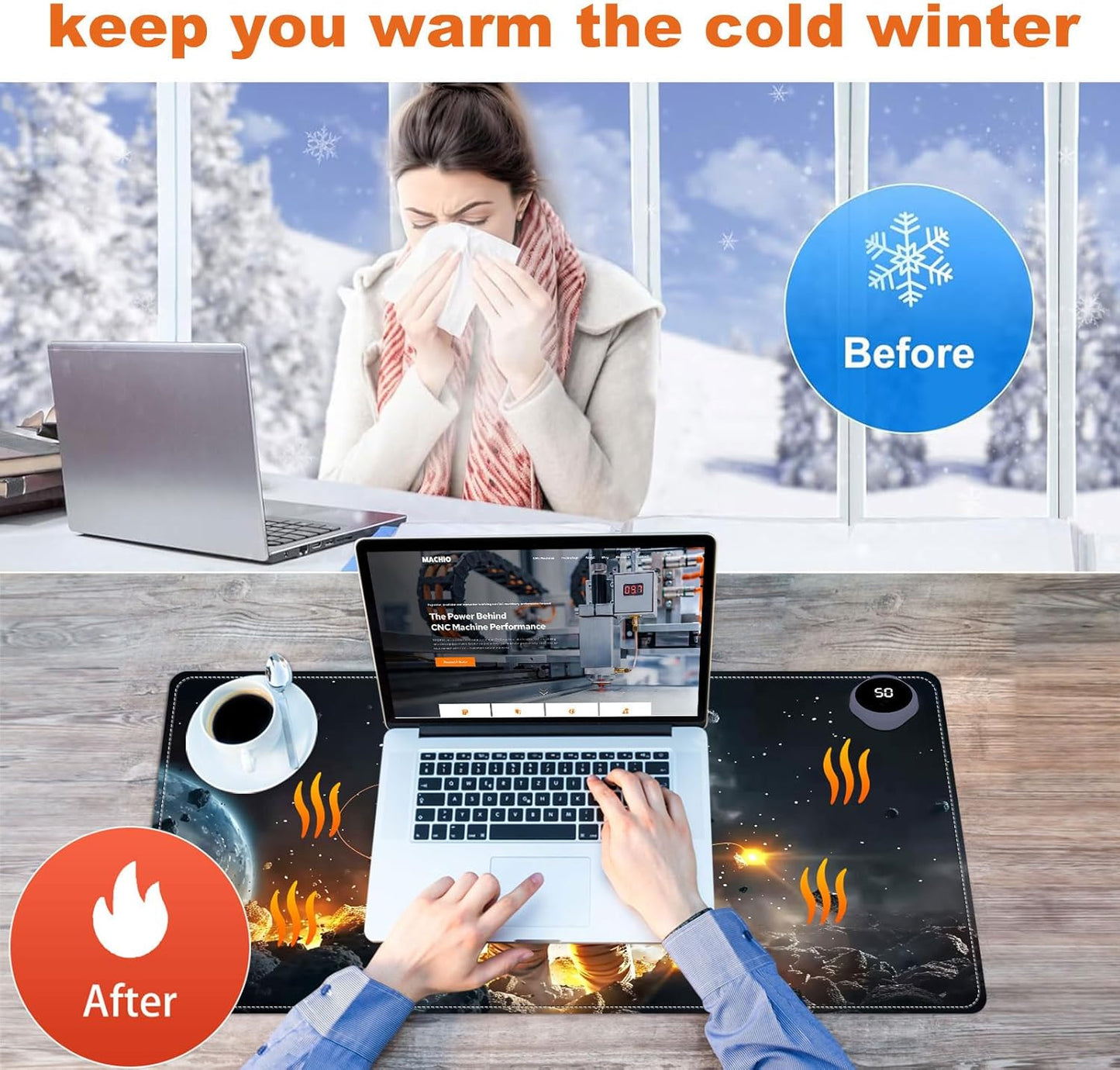 Heated Mouse Pad for Desk 31.5" x 13" – PU Leather Warm Desk Pad with 3 Heat Levels (104°F/113°F/122°F), Plug-in Electric Heating Mat with Auto Shut-Off, Waterproof & Rollable, Astronaut