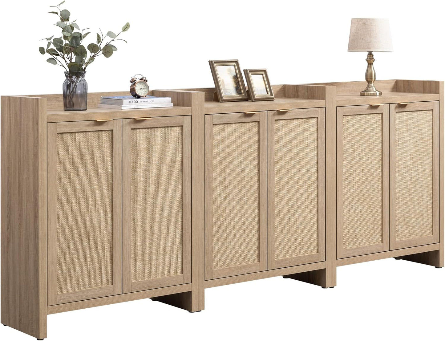SICOTAS Shoe Cabinet Set of 3, Large Capacity Shoe Storage Organizer Cabinet, Tall Rattan Shoe Cabinet with Doors and Shelves, 6-Tier Farmhouse Boho Wooden Storage Cabinet for Entryway, Light Oak