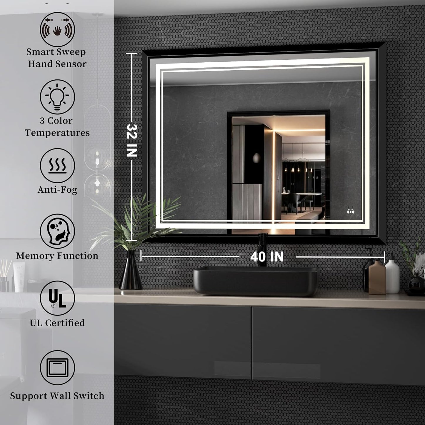 LED Bathroom Mirror: 40x32 Inch LED Bathroom Vanity Mirror - Black Framed Lighted Mirror for Bathroom Anti-Fog Gesture Control Dimmable Memory Function Tempered Glass