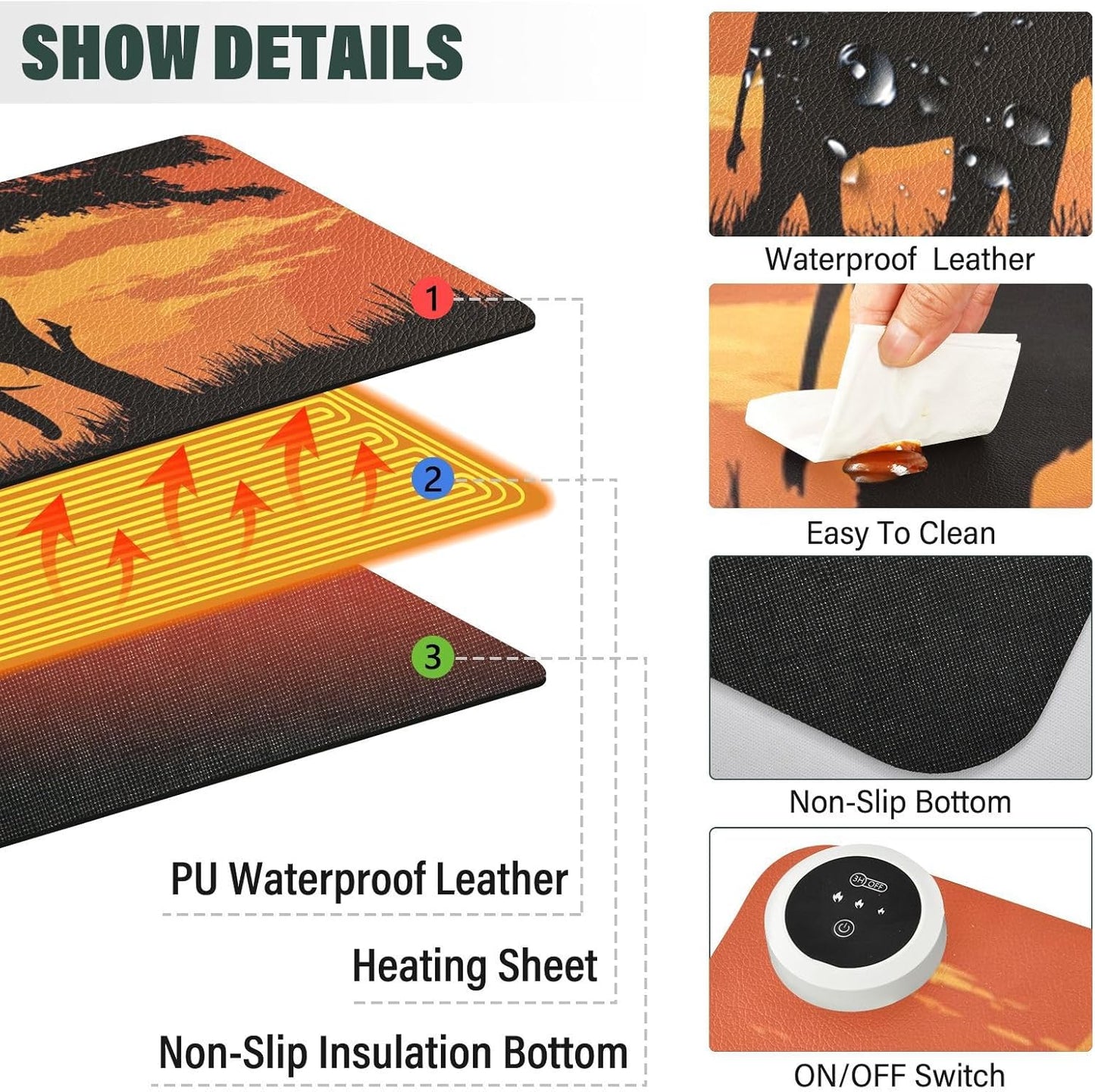 Heated Desk Pad Mouse Pad 31.5x13 Inch PU Leather Desk Mat with 3 Heat Levels Large Mouse Gaming Computer Laptop Mat Elephant Silhouette Sunset Red