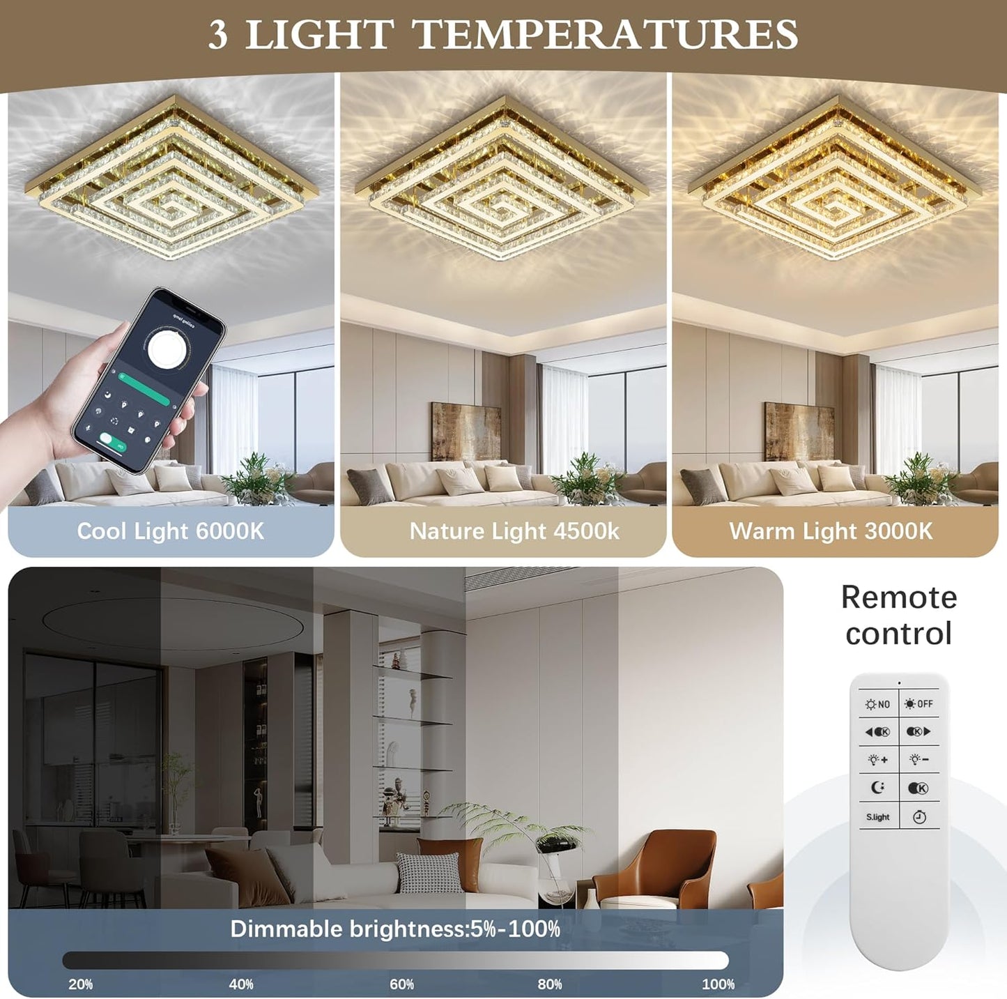 43" Modern Gold Crystal Chandelier with Remote/App Control, Dimmable Flush Mount Ceiling Light Fixture,3-Color Temperature, Led Ceiling Lamp for LivingRoom Bedroom Kitchen DiningRoom Entryway