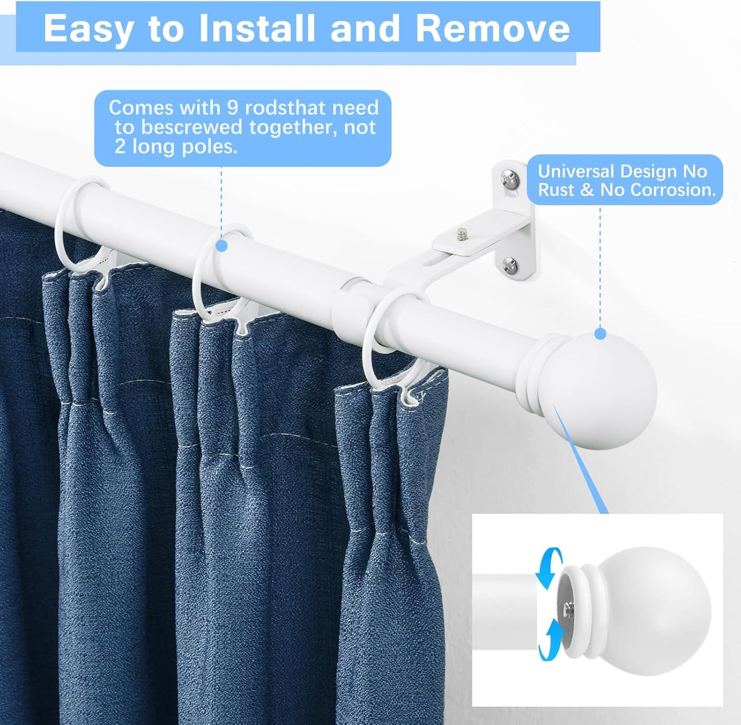 Curtain Rods for Windows 16 to 136 Inches, Curtain Rod Max Adjustable Length of 144 IN, 6/8" Diameter Drapery Rods Round Finials, White, Pack of 2