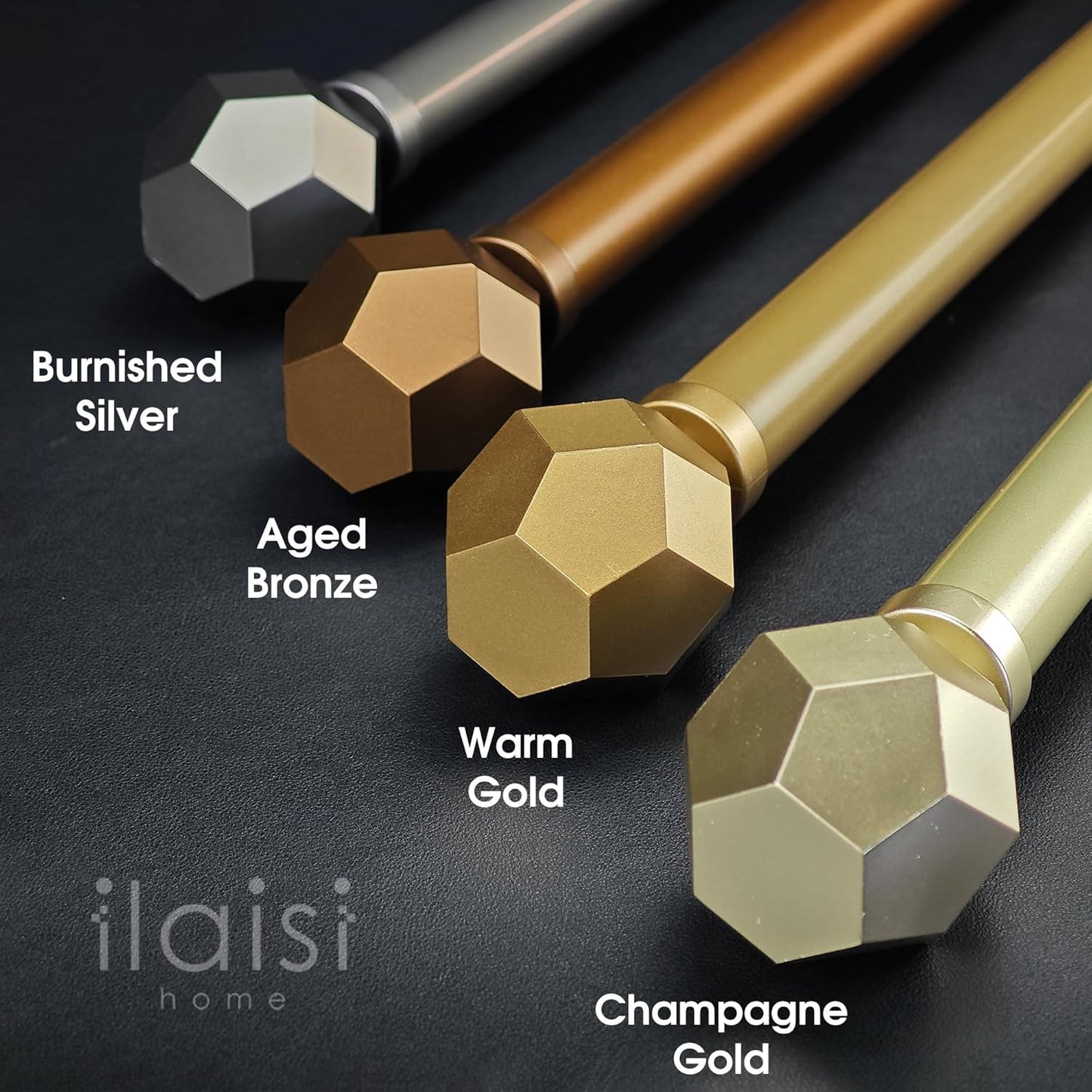 1-1/8 Inch Diameter Champagne Gold Curtain Rod with Geometric Faceted Finials, 36-72'' Telescoping Single Curtain Rods for window width 24-68 inch, 1 pack