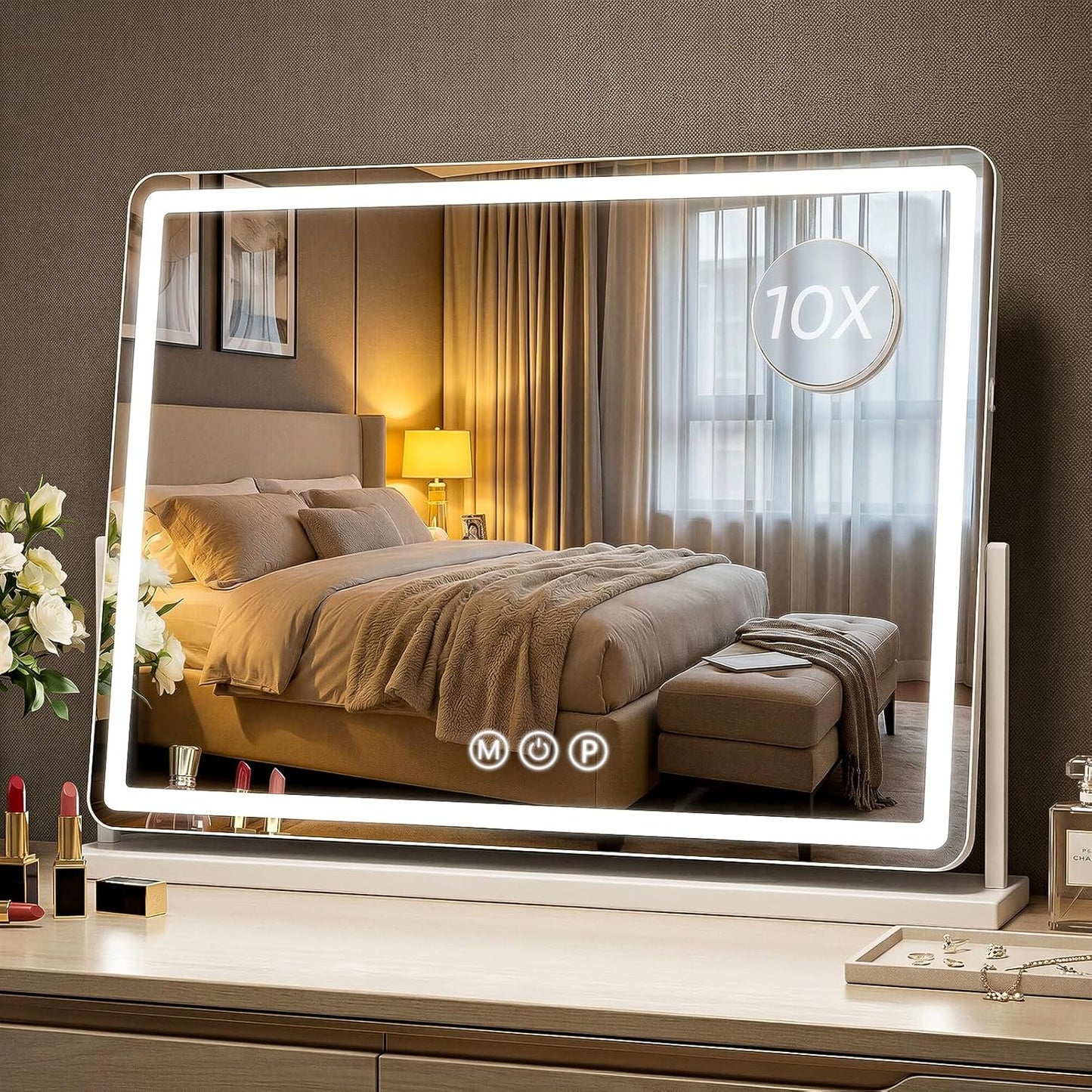 Antok Vanity Mirror with Lights, 32"X22" Lighted Makeup Mirror, Smart Touch, 3 Color Modes and Brightness Adjustable, LED Vanity Mirror with Detachable 10X Magnification, 360° Rotation for Makeup Desk