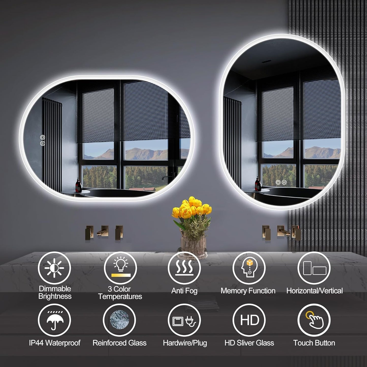 S'bagno 2pcs 28x20 inch Oval-Led-Bathroom-Mirror Dimmable Brightness, Lghted-Bathroom-Mirror with Defogger, Touch-Buttons, Lights Color Changing, Vertical and Horizontal