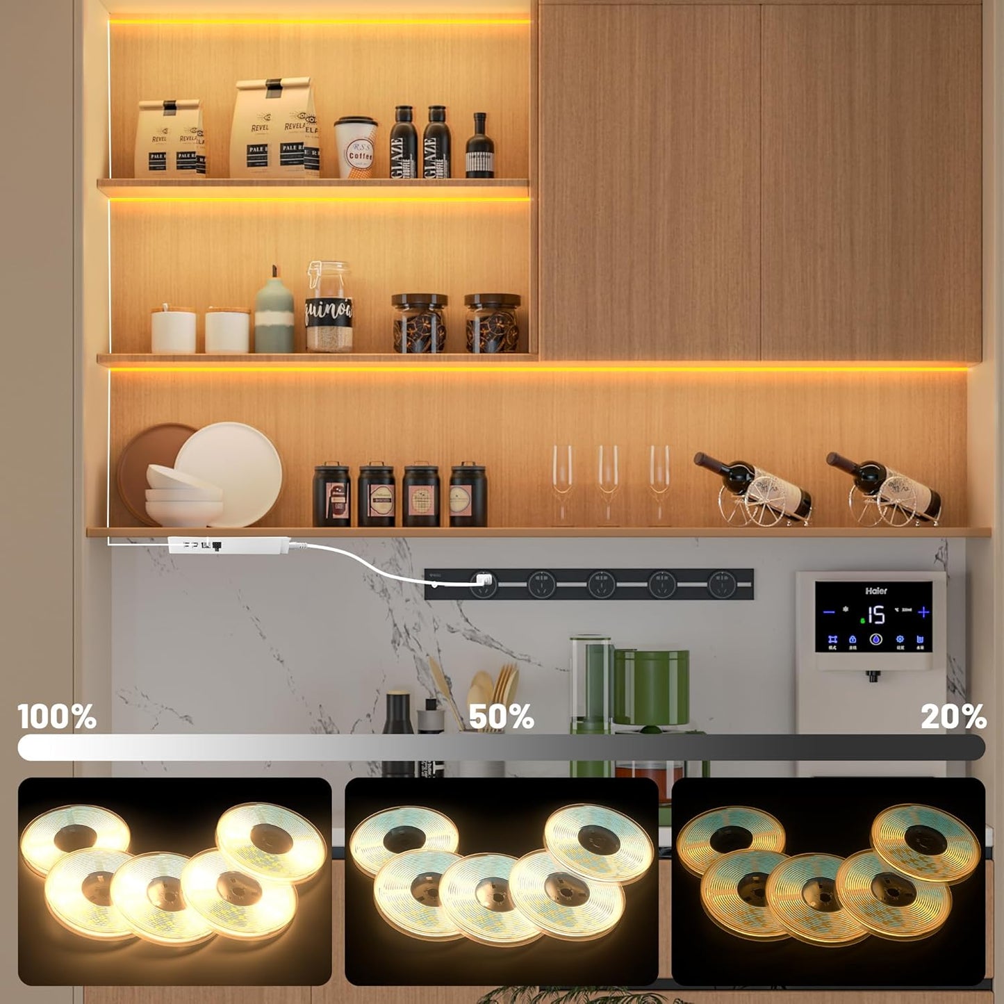 Lichaser 6.56ft COB LED Strip Light, 6 Rolls of 3000K Flexible COB LED for Acoustic Panel and Wood Slat Wall Panels Parallel with Dimmable Touch Sensor Switch, Cuttable for Wood Slat Lighting, Shelf
