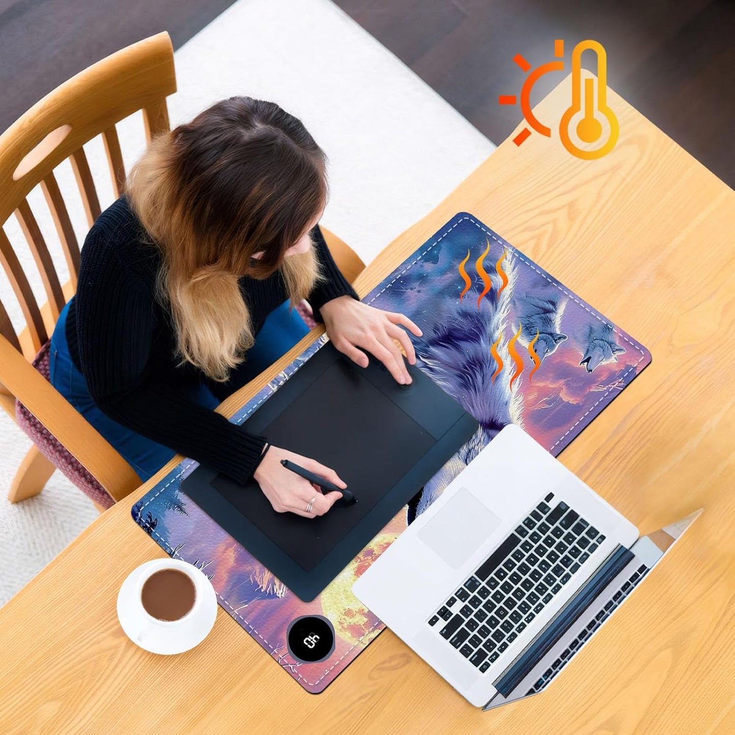 Heated Mouse Pad, Warm Desk Pad, Keyboard Mat 23.6 x 14 Inch Large Size Intelligent Fast Heating, 3 Speed Adjustable, Timed Auto Power Off for Game Office Home, Wolf Howling Under The Moon