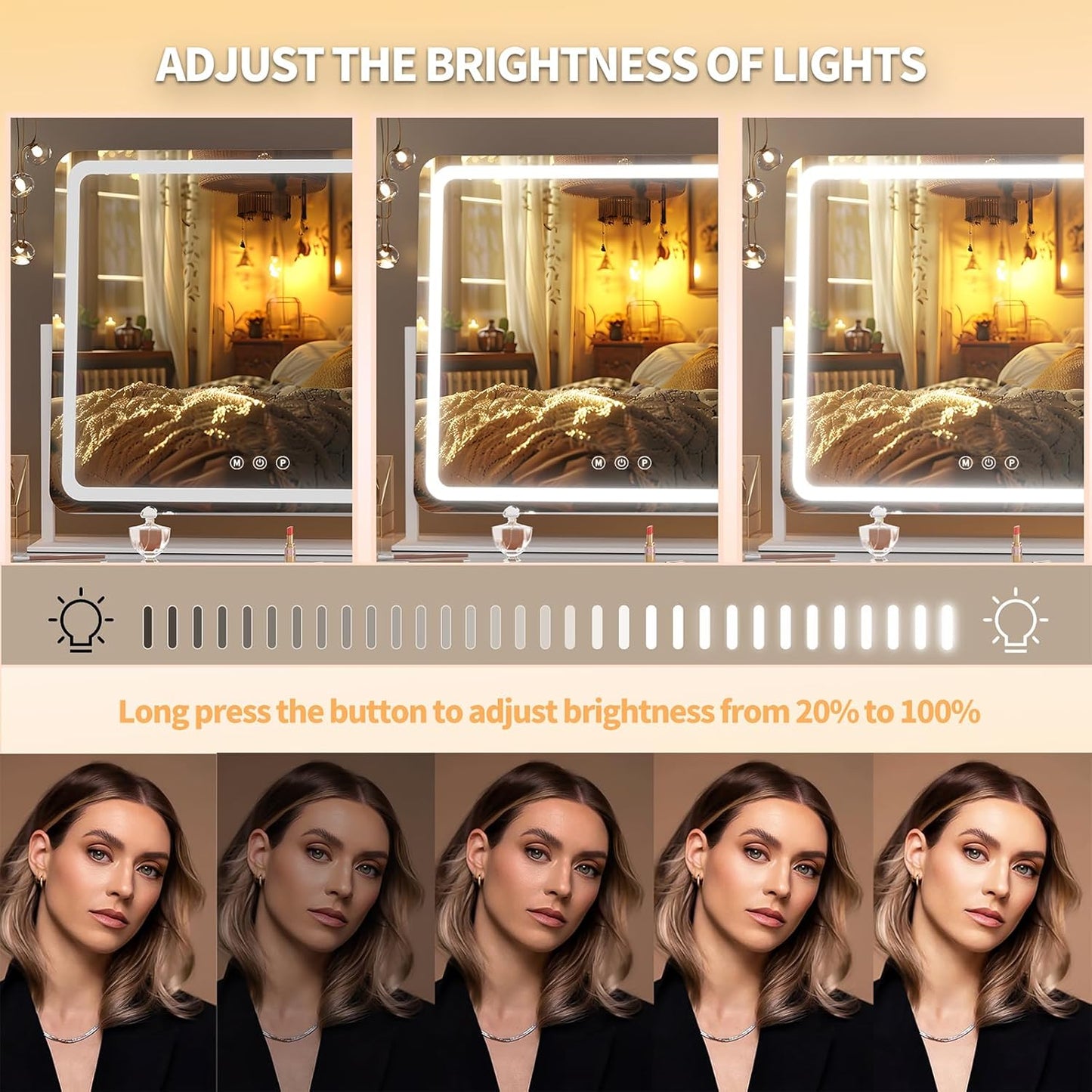 Hasipu Vanity Mirror with Lights, 40" x 29" LED Makeup Mirror, Light up Mirror with 10X Magnification and Phone Holder, USB Charging Port, Smart Touch 3 Colors Dimmable (White)