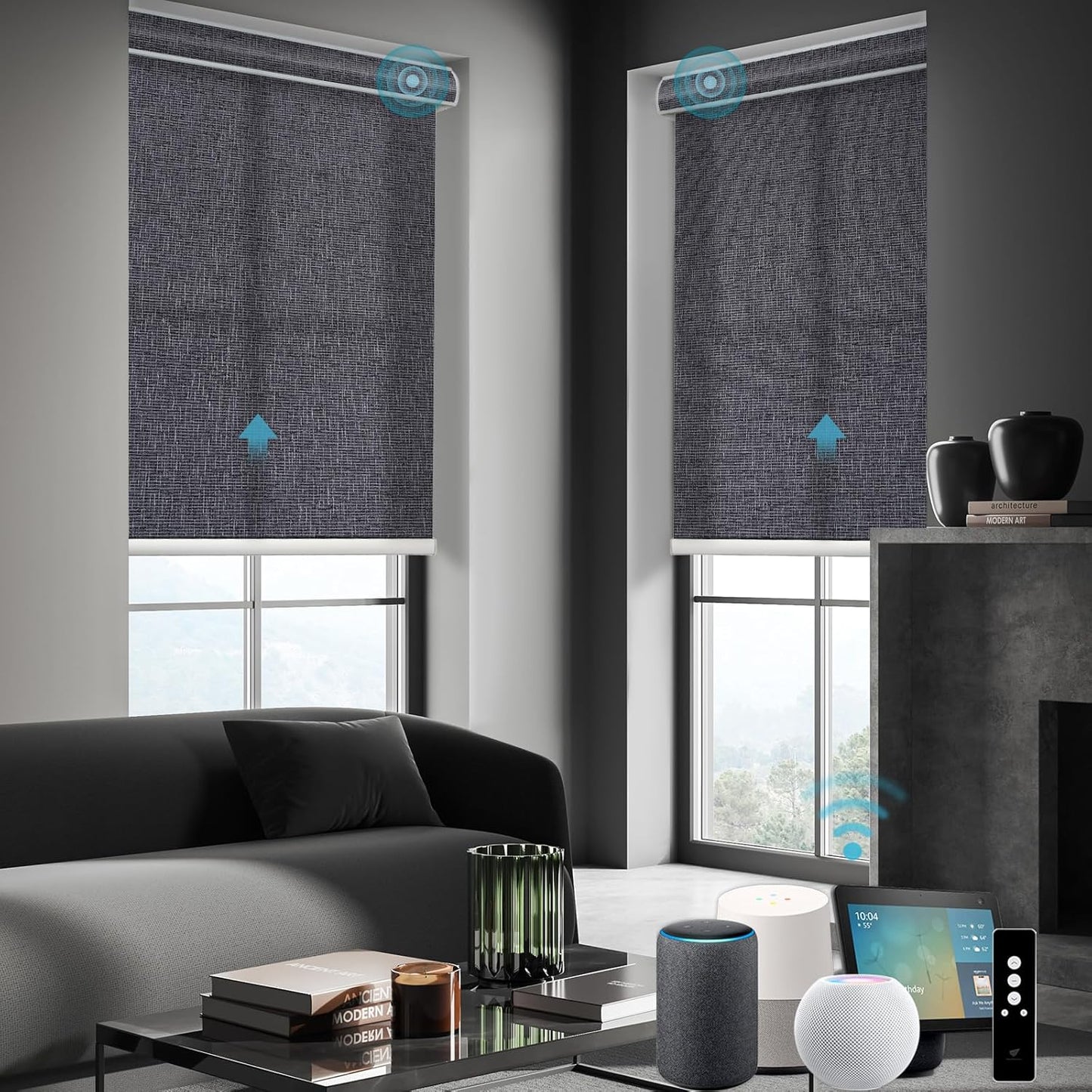 SmartWings Motorized Smart Roller Shades in Light Filtering, Electric Blinds with Remote for Windows Compatible with Alexa/Google Home/Homekit, Customized, 70% Blackout Twilight Charcoal Grey
