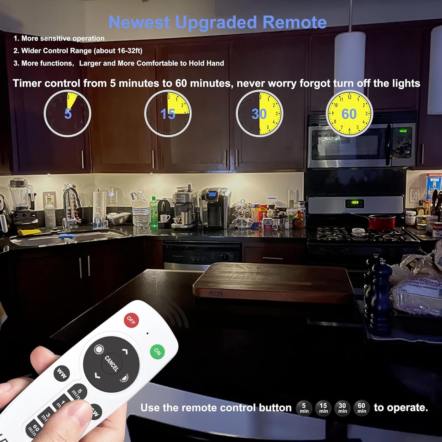 LDOPTO Under Cabinet Wireless LED Lights, 6 Pack Rechargeable Battery Operated, Dimmable, Remote Control, Stick On Night Lights for Kitchen, Pantry, Stairs, Hallway, 3 Colors