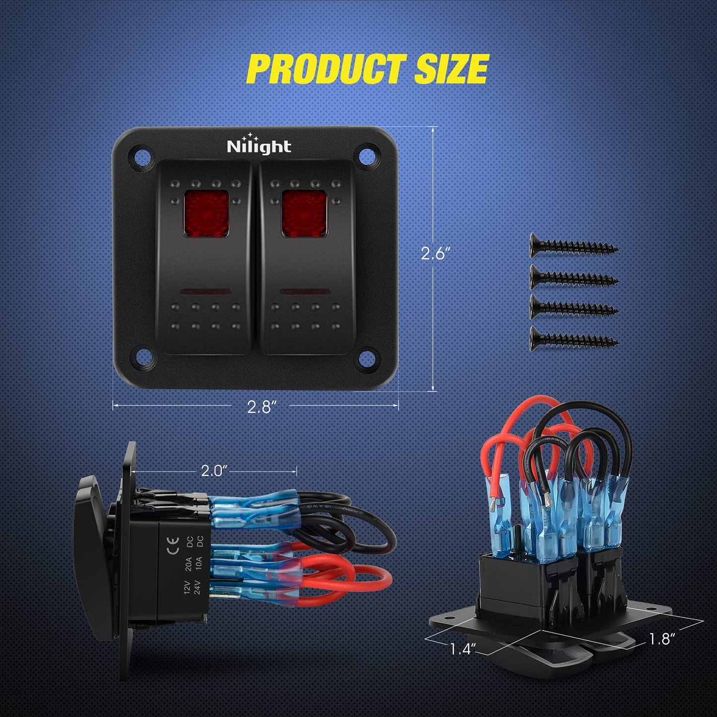 Nilight 2 Gang Rocker Switch Panel 12V 24V DC Red Switches Aluminum 5Pin ON Off PreWired Toggle Waterproof for Cars Boats ATVs UTVs