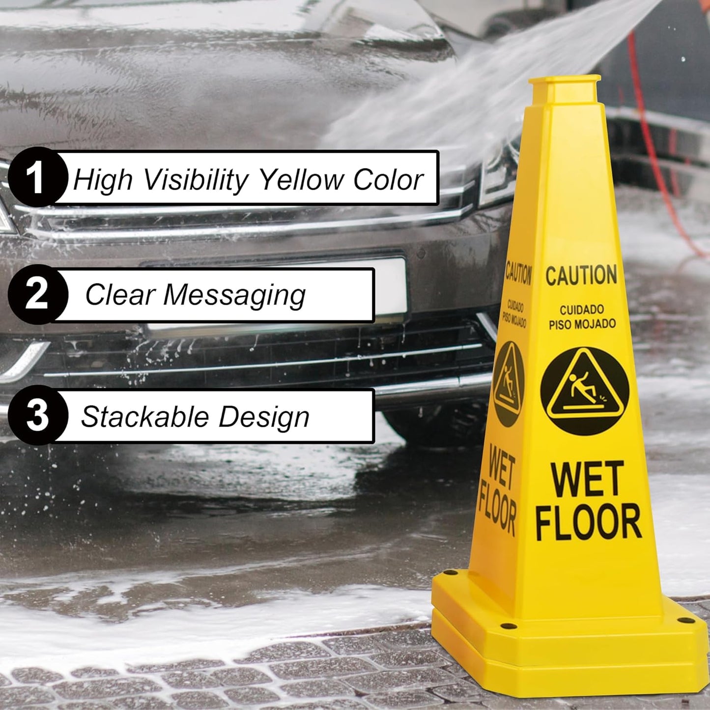 OrangeStar 3-Pack 28" Wet Floor Caution Cones, Yellow 4-Sided Bilingual Warning Message Safety Traffic Cones with Heavy Rubber Base for Indoor/Outdoor Use