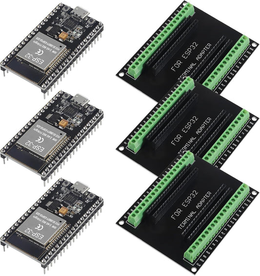 3 Set ESP32 Development Board 38Pin Narrow Version WiFi + Bluetooth Microcontroller ESP-32 ESP-32S Board ESP-WROOM-32 with ESP32 Breakout Board GPIO 1 into 2 Terminal Screw Board