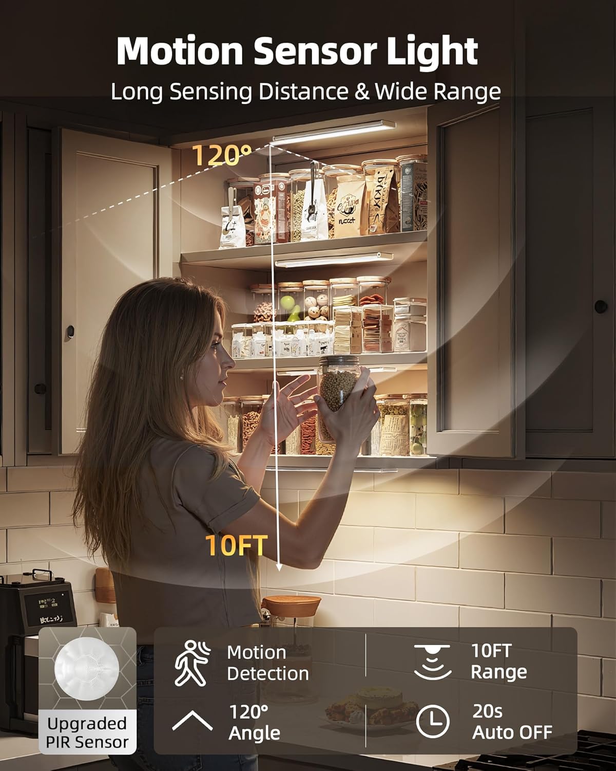 Under Cabinet Lighting Wireless,Rechargeable Battery Motion Sensor Light Indoor,LED Closet Lights USB Charging,3 Color Dimmable Under Cabinet Lights for Kitchen, Cabinet, Wardrobe (3 Pcs)12in