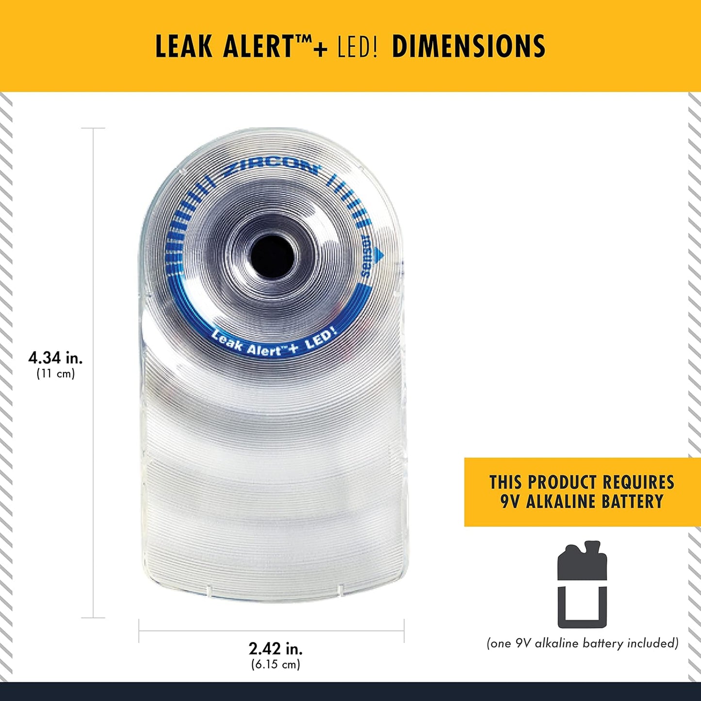 Zircon Leak Alert + LED! Water Leak Detector & Flood Sensor Alarm/Water Leak Sensor with Dual Leak Alarms 90dB Audio + Flashing LED lights/Battery Powered (5 Pack) Batteries Not Included, (72313)