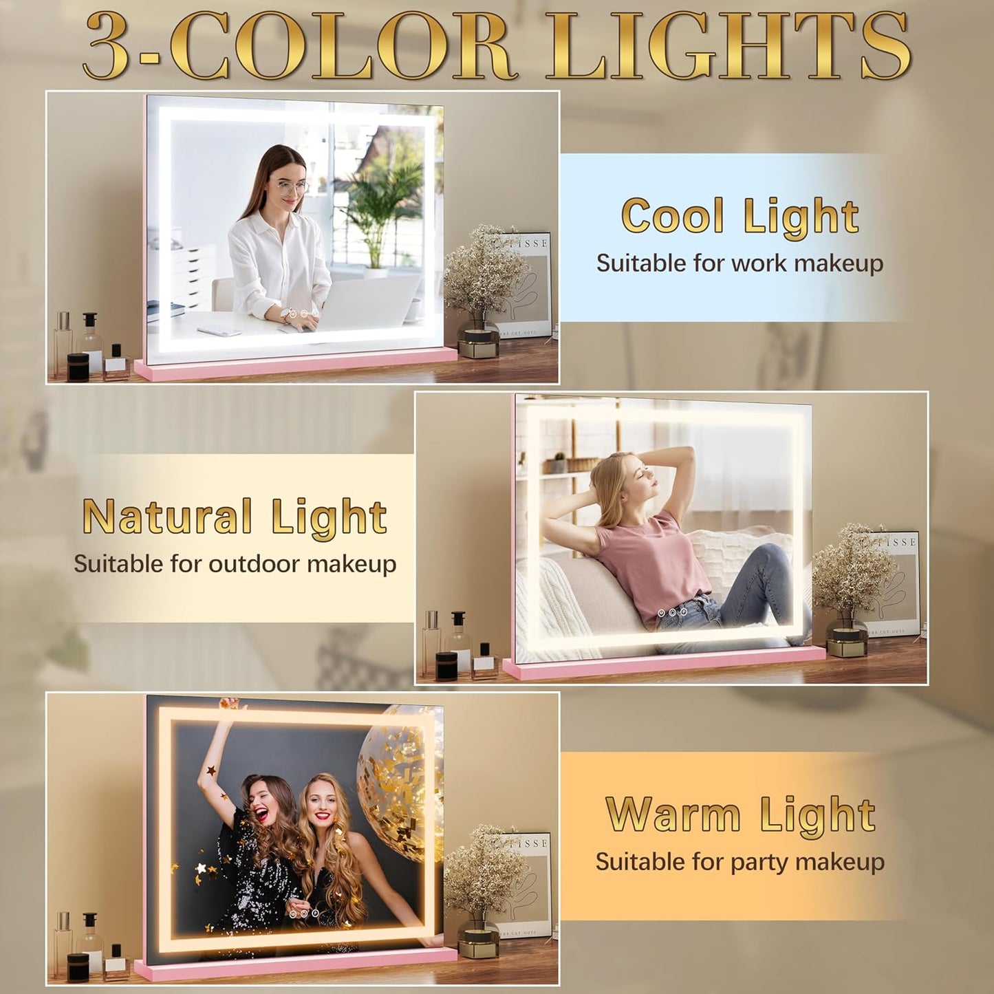 ROLOVE Pink Makeup Mirror with Lights 23x19 Inch, 3-Color Dimmable LED & Touch Control，10X Magnification - Pink Vanity Mirror for Dressing Room (Wall/Tabletop Mount) - Gifts for Women,Teengirls