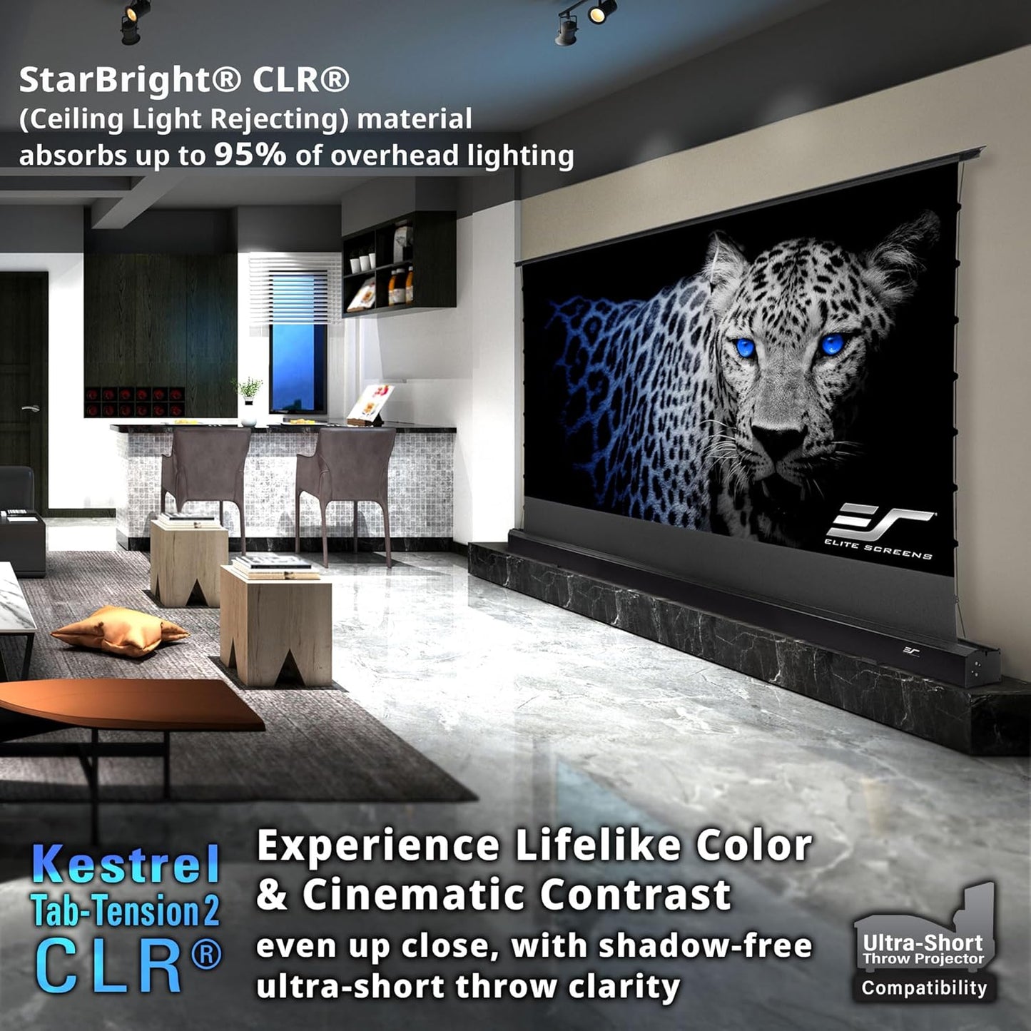 Elite Screens Kestrel Tab-Tension CLR, 121 inch 16:9, Ultra-Short Throw Ceiling Ambient Light Rejecting ALR Electric UST Floor-Rising Projection Motorized Front Projector Screen, FTE121UH3-CLR, Black