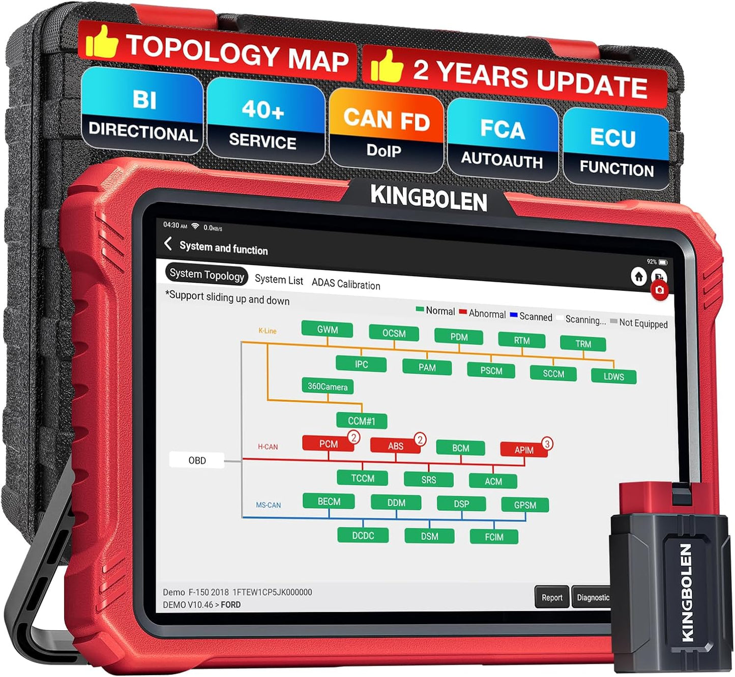 KINGBOLEN K10 Pro Full Systems 10" Car Scanner Topology Map, Bidirectional Scan Tool Bluetooth OBD2 Scanner, 41+ Reset Service, ECU Function, FCA AutoAuth, CANFD & DOIP,2 Years Update, V.A.G Guided