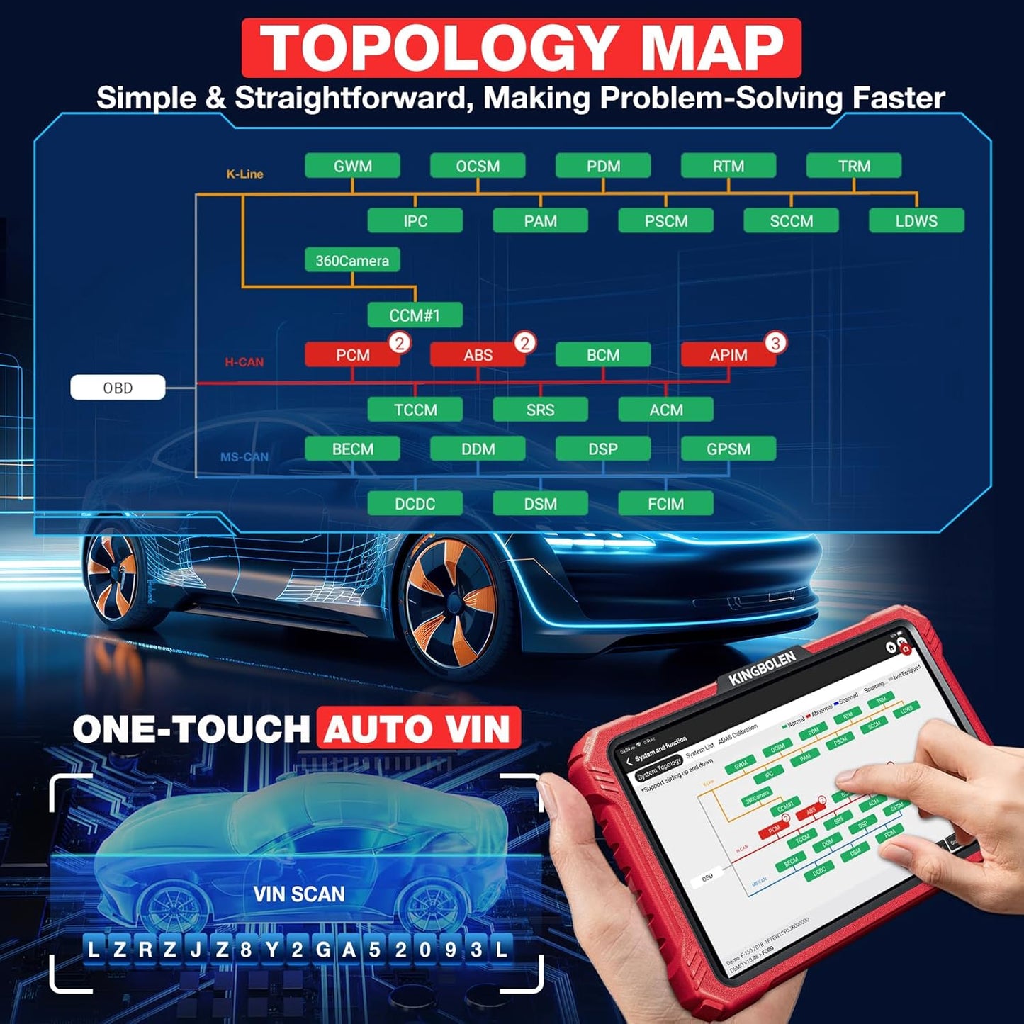 KINGBOLEN K10 Pro Full Systems 10" Car Scanner Topology Map, Bidirectional Scan Tool Bluetooth OBD2 Scanner, 41+ Reset Service, ECU Function, FCA AutoAuth, CANFD & DOIP,2 Years Update, V.A.G Guided