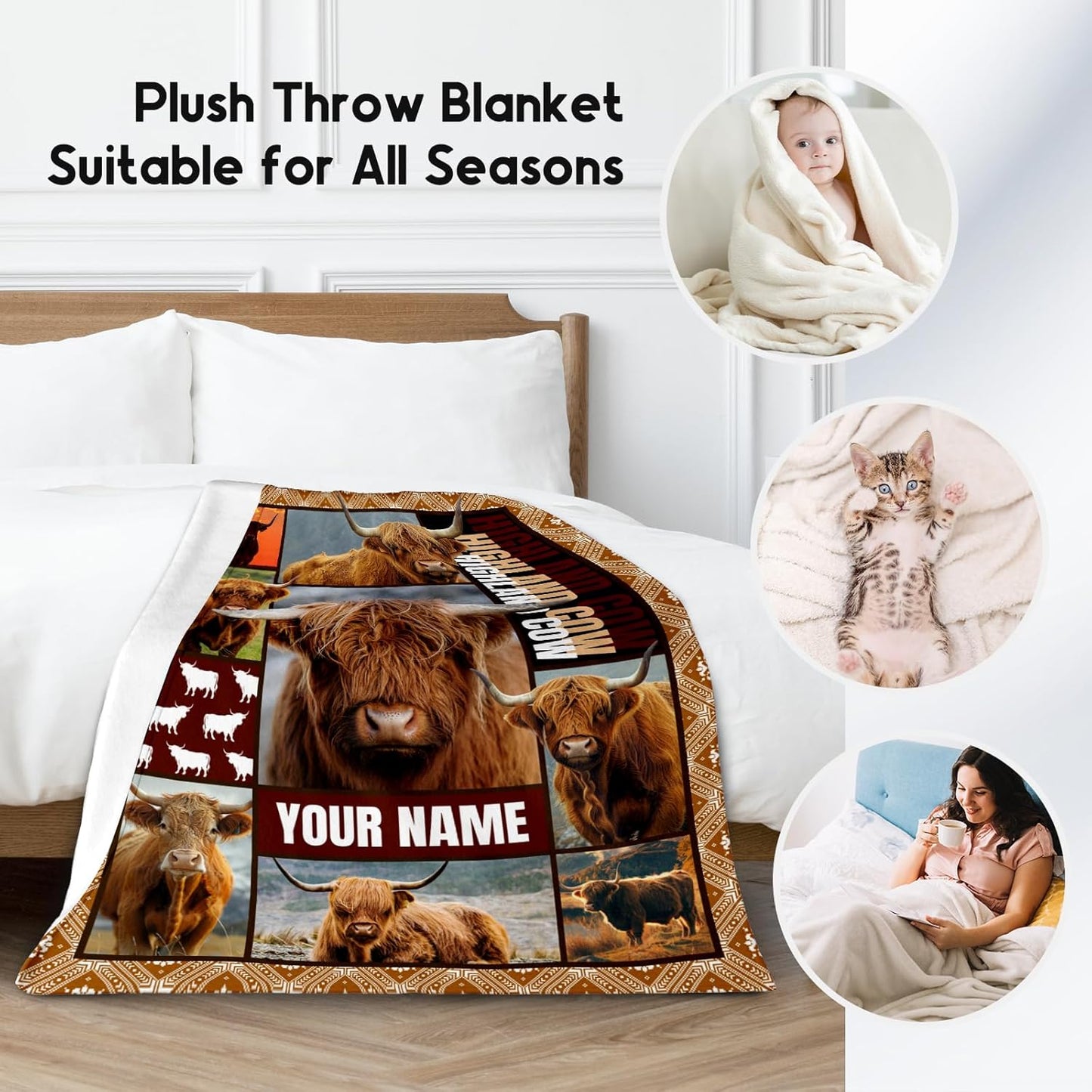 Personalized Blanket for Women Girls, Custom Highland Cow Gifts for Adults - 40"x50" Kids Throw for Couch, Sofa - Soft, Fuzzy & Cozy - Wildlife Home Decor Gift Ideal