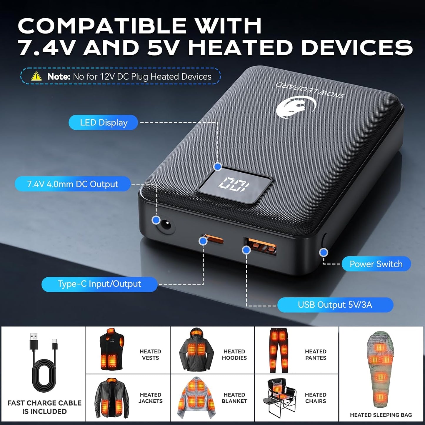 SNOW LEOPARD Heated Vest Battery Pack 7.4v 16000mah Power Bank for Heated Jacket with LED Display Battery Pack for Heating Vest with Dc/USB/Type-C Output for Heated Blanket Clothing for Men Women
