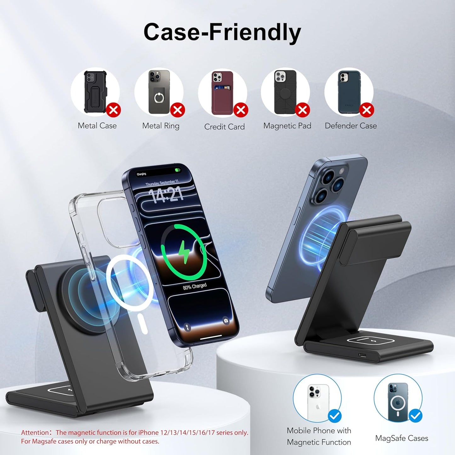 3-in-1 Wireless Charging Station, Standard 20W Fast Magnetic Foldable Magsafe Charger Stand for iPhone 17 16 15 14 13 Series, Travel Charger for iWatch 11/10/Ultra 2/AirPods 4 Series(Adapter Included)