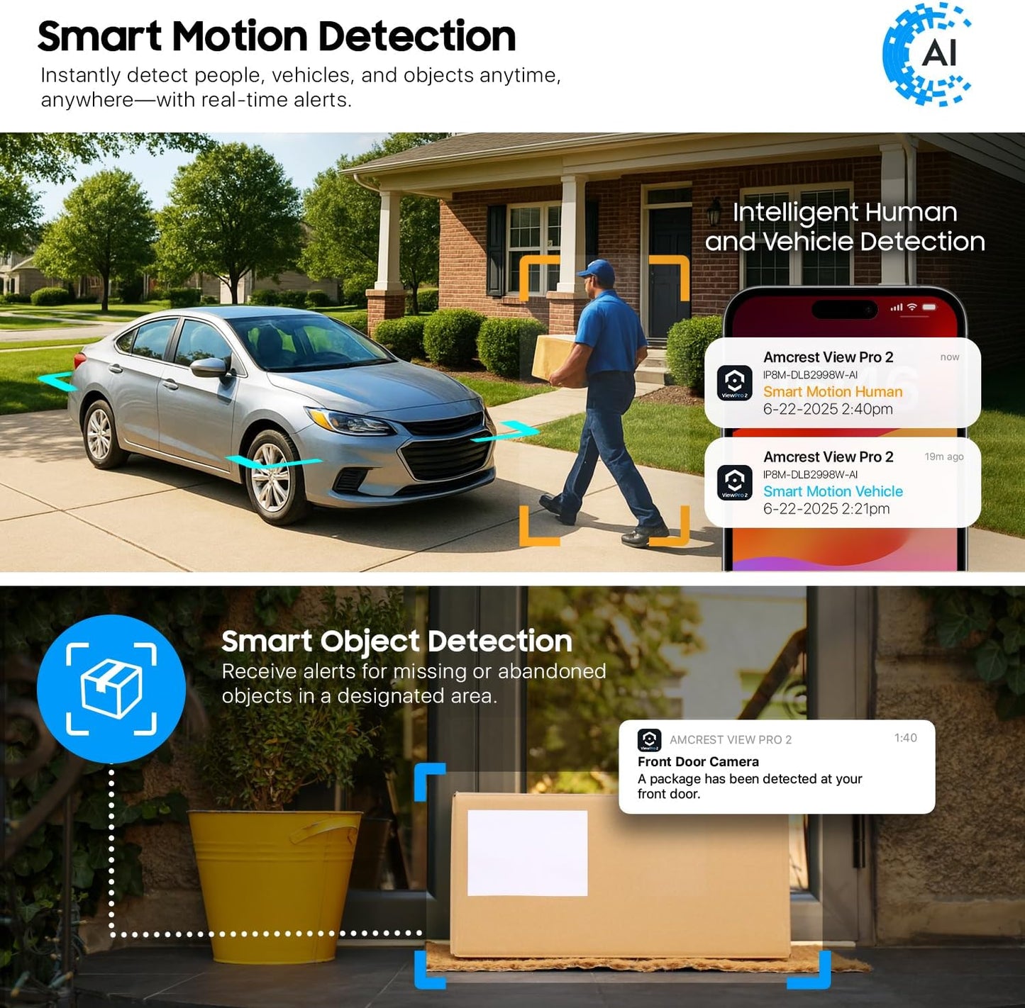 Amcrest Dual-Lens 4K (8MP) Outdoor Security WiFi Camera, 2 x 4MP Lenses WiFi AI Bullet IP Camera, Dual-Band 2.4Ghz & 5Ghz, Face Detection, Panoramic 180° FOV, 4K@15fps IP8M-DLB2998W-AI (White)