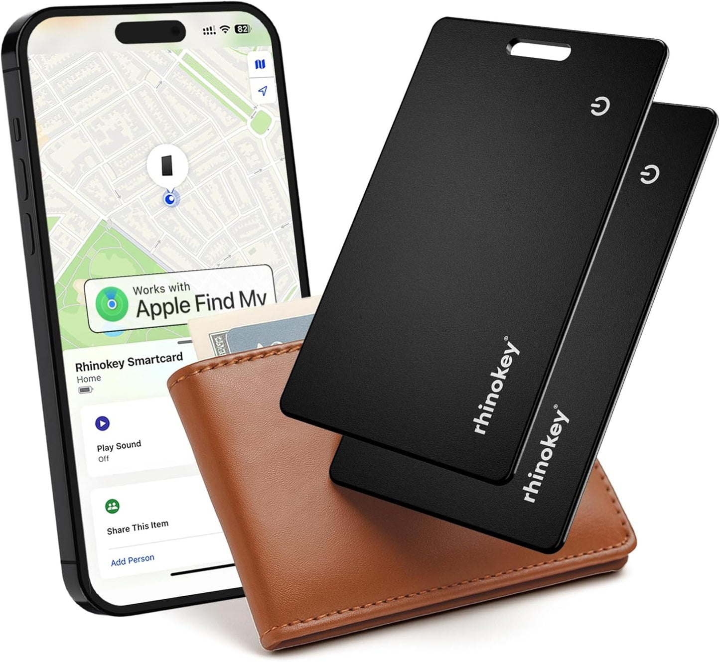 Rhinokey® Wallet Tracker Card (iOS Only) - Slim Rechargeable 1.8mm Thin Tracker, Airtag Wallet IP68 Waterproof, Apple Find My Luggage Tags, Item Finder with Key Chain Hole