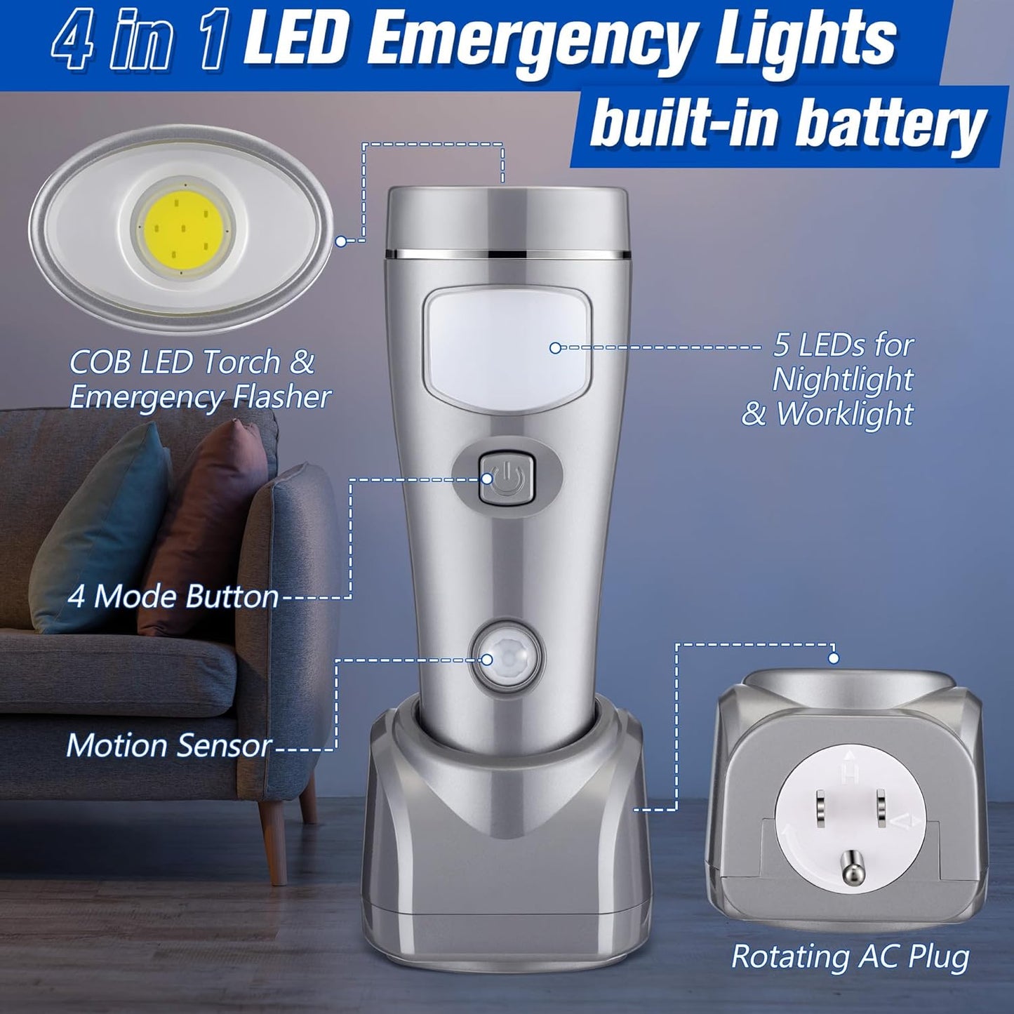 Enhon 3 Pack Rechargeable 4-in-1 LED Emergency Lights, Plug-in Flashlights with Motion Sensor Night Light, Auto-On Power Failure Light for Home, Hurricane, and Outage Supplies
