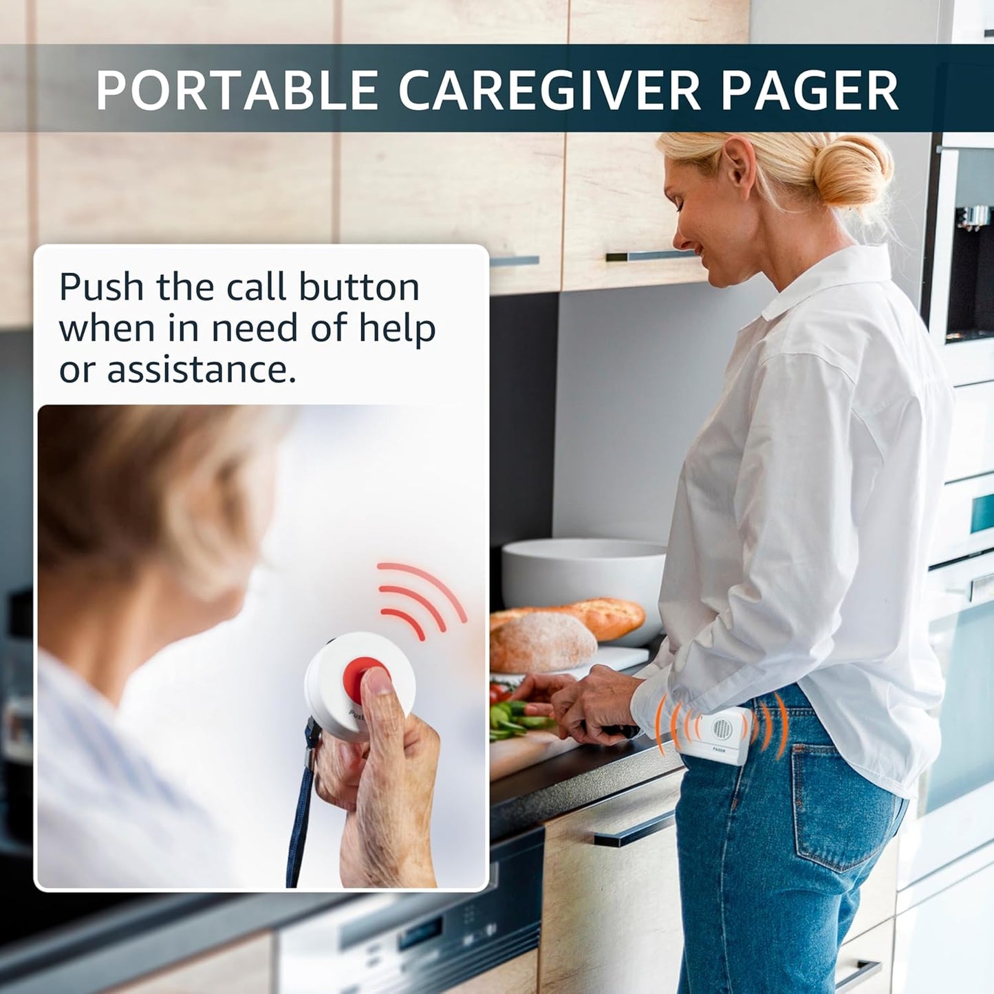 2 Caregiver Pagers with 1 Call Button SOS Alert System for Elderly Seniors Patients Home Care Nurse Call Bed Alarm Emergency Monitoring