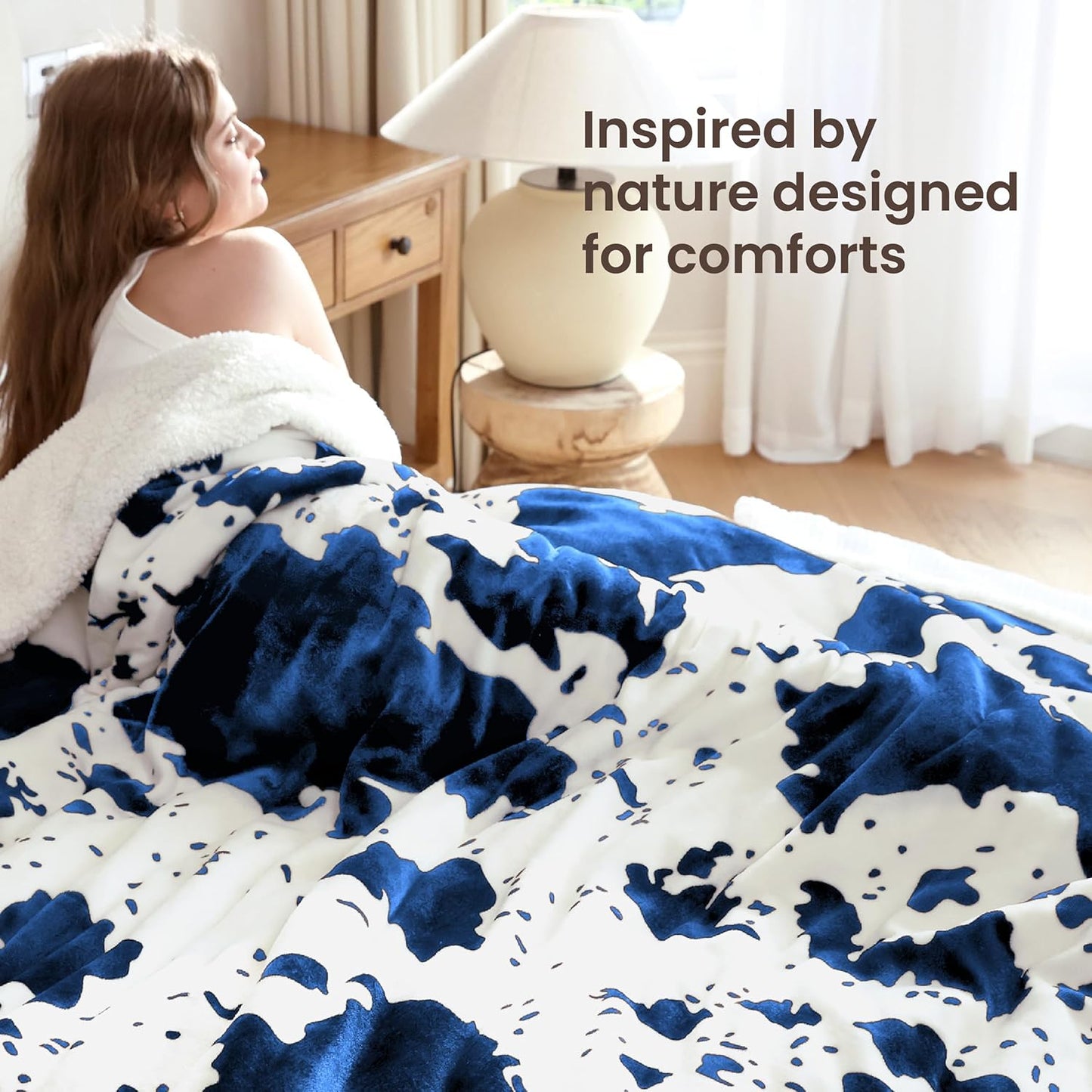 Cow Print Heated Electric Blanket King Size-Dual Control Heating Blanket King Size with 10 Heat Levels & 10 Hours Auto-Off, Cozy Soft Fleece Sherpa, Washable, 90x100 Inche Cow Print Blue