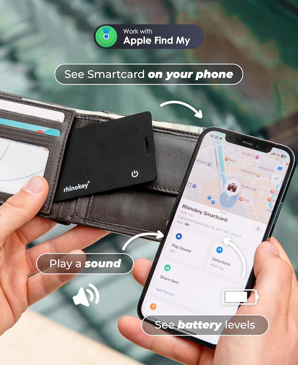 Rhinokey® Wallet Tracker Card,(Android Only) 0.07in Slim Rechargeable Airtag Card Tracker Works with Google's Find Hub IP68 Waterproof Tag Item Finder with Key Chain Hole for Luggage Tags Purse