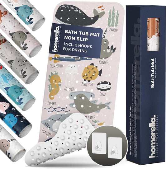 Bath Tub Mat Non Slip Anti Mold for Kids BPA Free INCL Hooks - homerella® Ocean Sea Animals 40x16, Baby Bath Mat Non Slip 200 Suction Cups, Non Toxic Machine Washable Toddler Bath Mat, EU Certified
