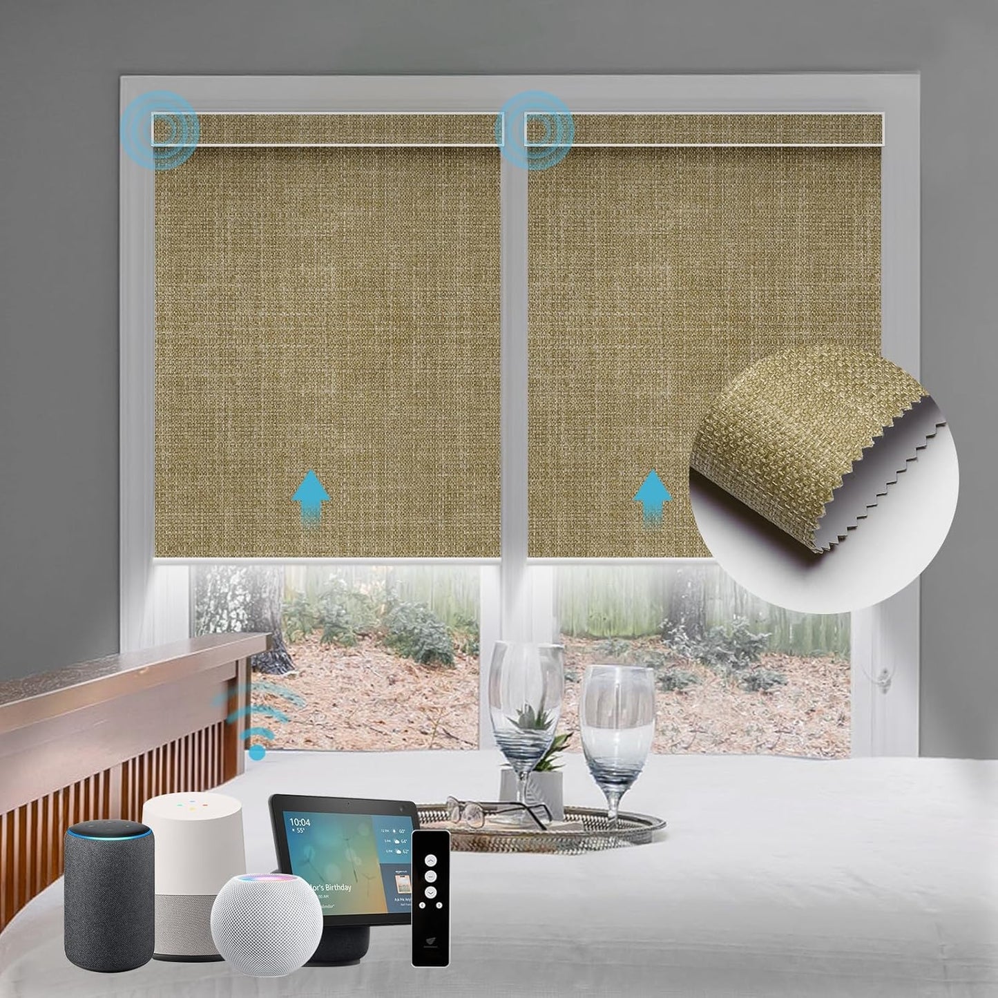 SmartWings Motorized Roller Shades Work with Homekit, Alexa Google, 100% Blackout Smart Blinds for Windows, Cordless Remote Control Window Shades, Vigor Wheat, Customized Size