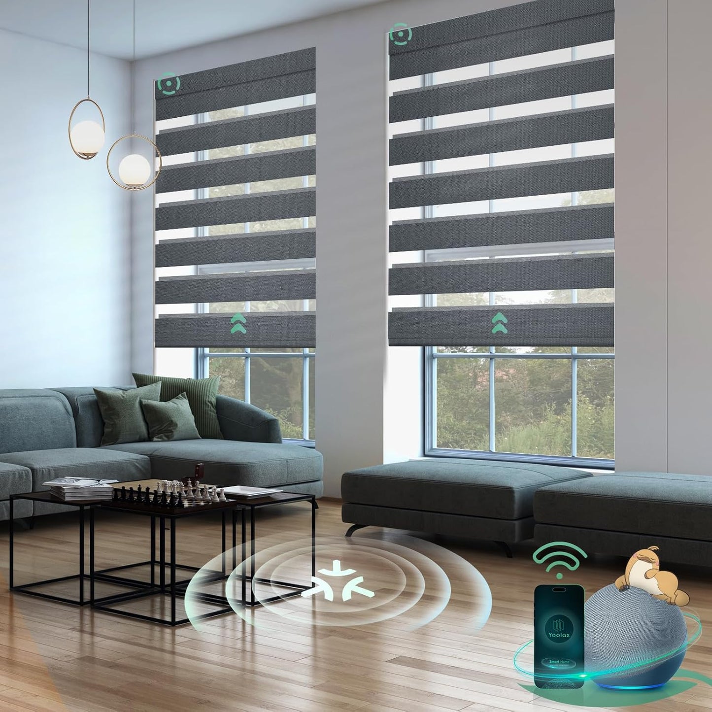 Yoolax Smart Blinds Motorized Matter Zebra Blinds Compatible with Alexa, Google Home, Apple Homekit,Window Shades Blackout Electric Custom Roll Up Indoor Cordless Zebra Blinds for Home(Mesh Silver)
