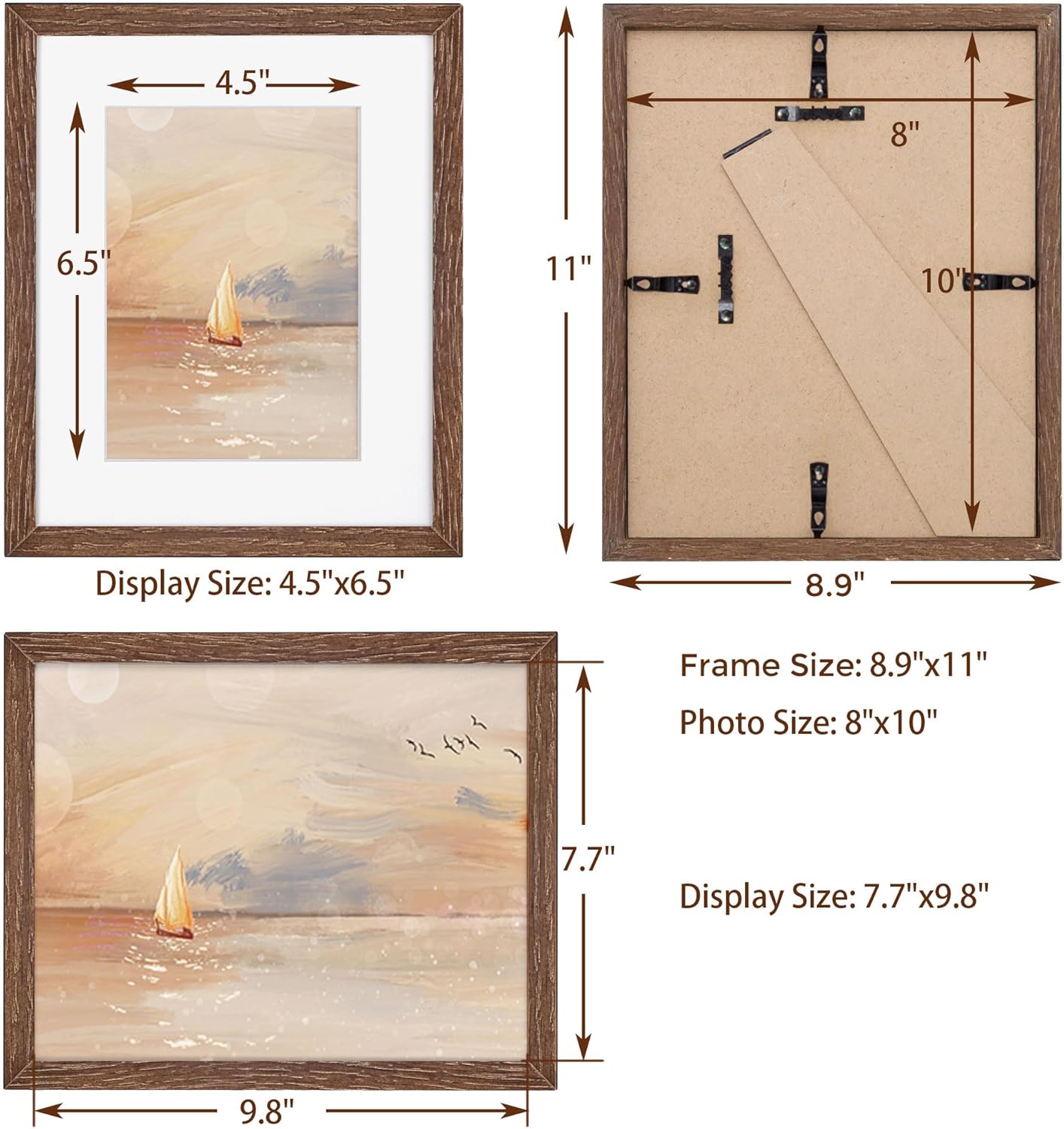 Fun Memories 8x10 Oak Wood Picture Frame Set of 3, 10 x 8 Frame Wood for Wall & Tabletop, Display 5x7 with Mat or 8 x 10 without Mat, 8x10 Natural Wood Photo Frames with Real Glass, Walnut Color