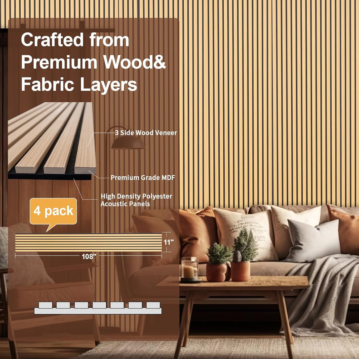 Yuzzy Wood Panels for Wall - 9 Feet Teak Wood Slat Acoustic Panels 4 PCS - Modern Sound Absorbing Wall Panels for Interior Wall Decor for Home, Office, Studio
