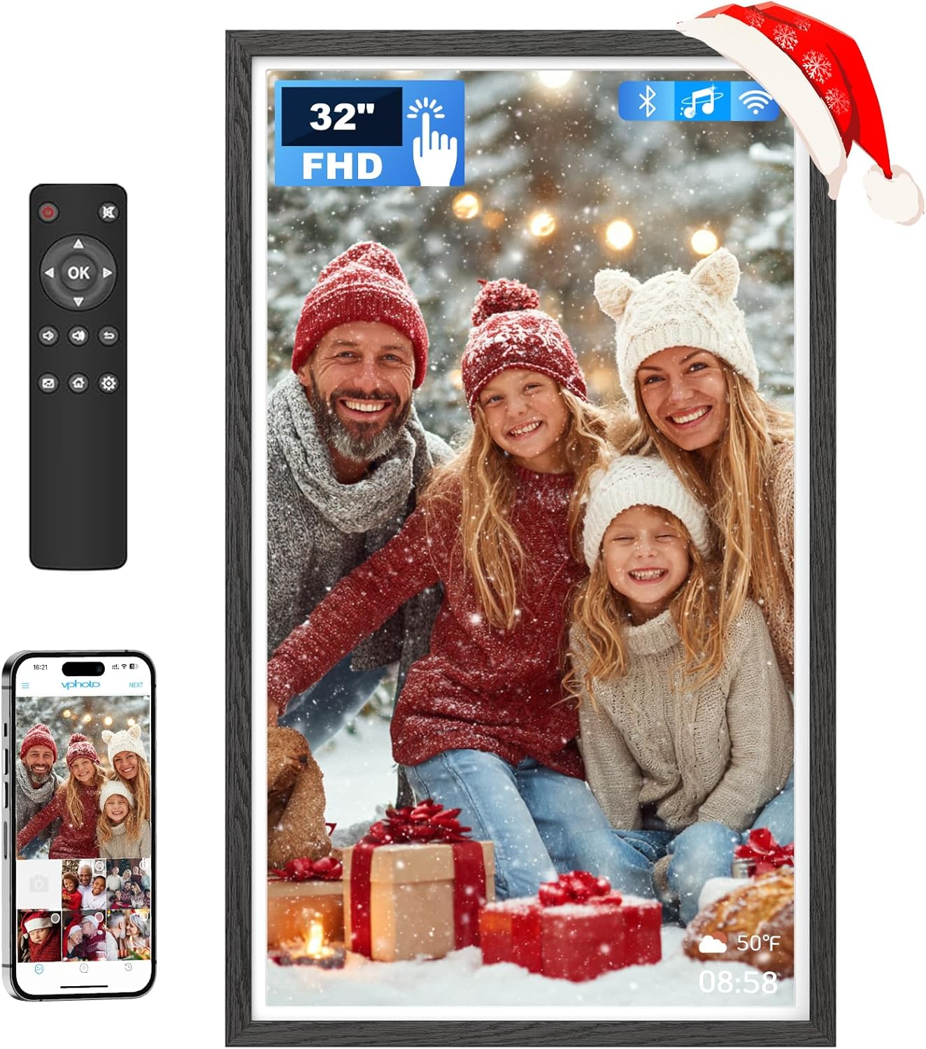 32 Inch FHD Extra Large Digital Picture Frame Touchscreen, 64GB FHD IPS WiFi Digital Photo Frame Remote, Share Photo/Video via Apps, Email, Auto-Rotate, Black Wood Pattern