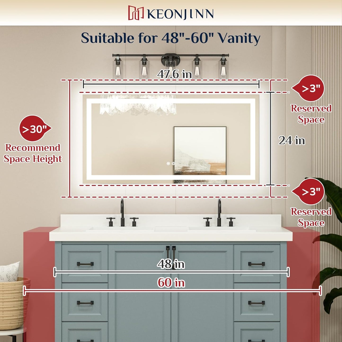Keonjinn 48 x 24 Inch LED Bathroom Mirror with Lights, Bighter Frontlit & Backlit Vanity Mirror with Stepless Dimmable 3-Color, Anti-Fog Mirror for Wall, HD Tempered Glass, Memory Founction, CR90+