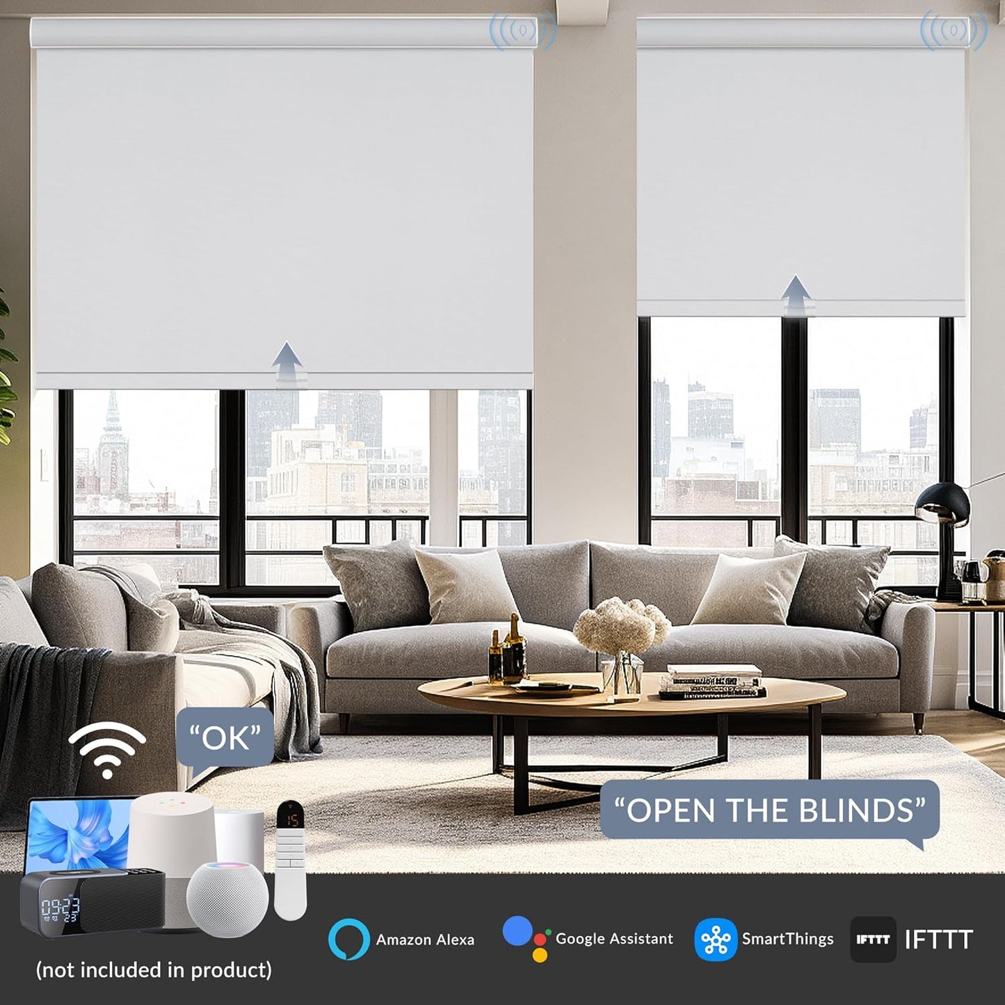 Boolegon Motorized Roller Blinds - 100% Blackout Smart Electric Shades with Remote, Compatible with Alexa/Google Home/HomeKit via Hub, Easy Install for Home Office, White, Custom Size.