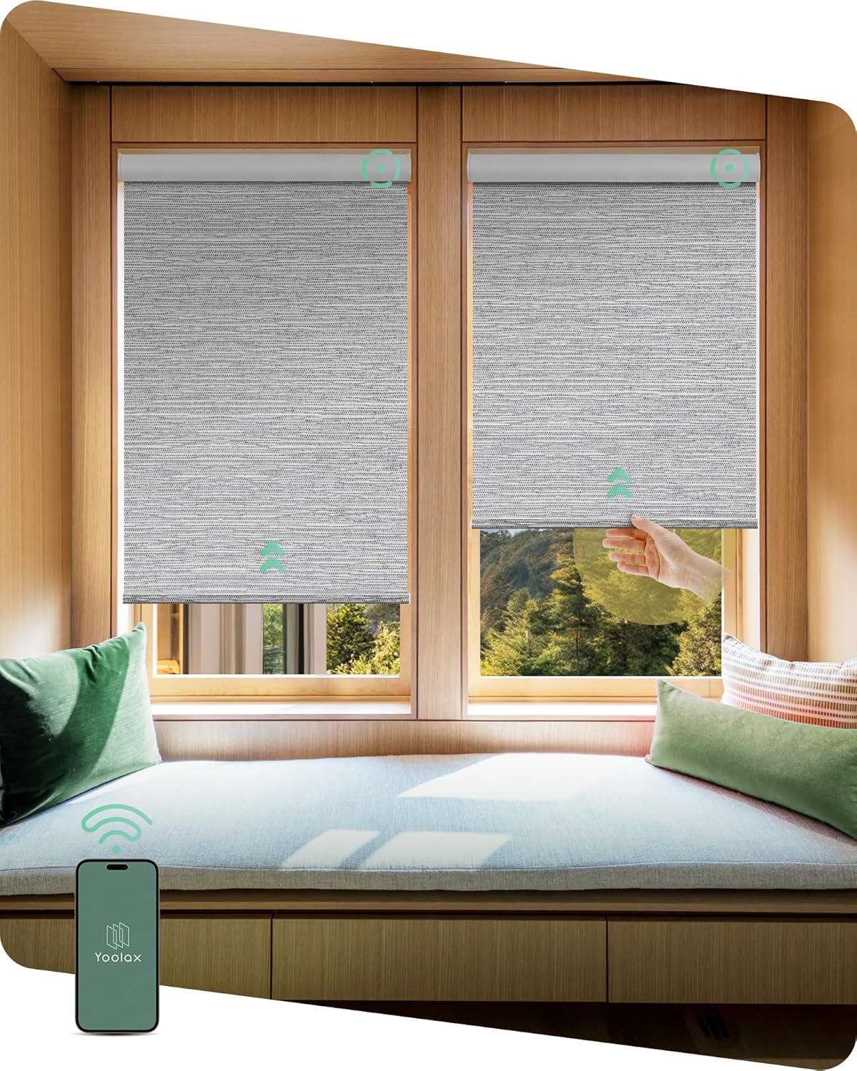 Yoolax Motorized Shades Dual Control, MotionFlex Motorized Roller Shades with App & Manual Control, Pull Down Automatic Shades for Indoor Windows, Custom Size(Blackout Foggy Gray)