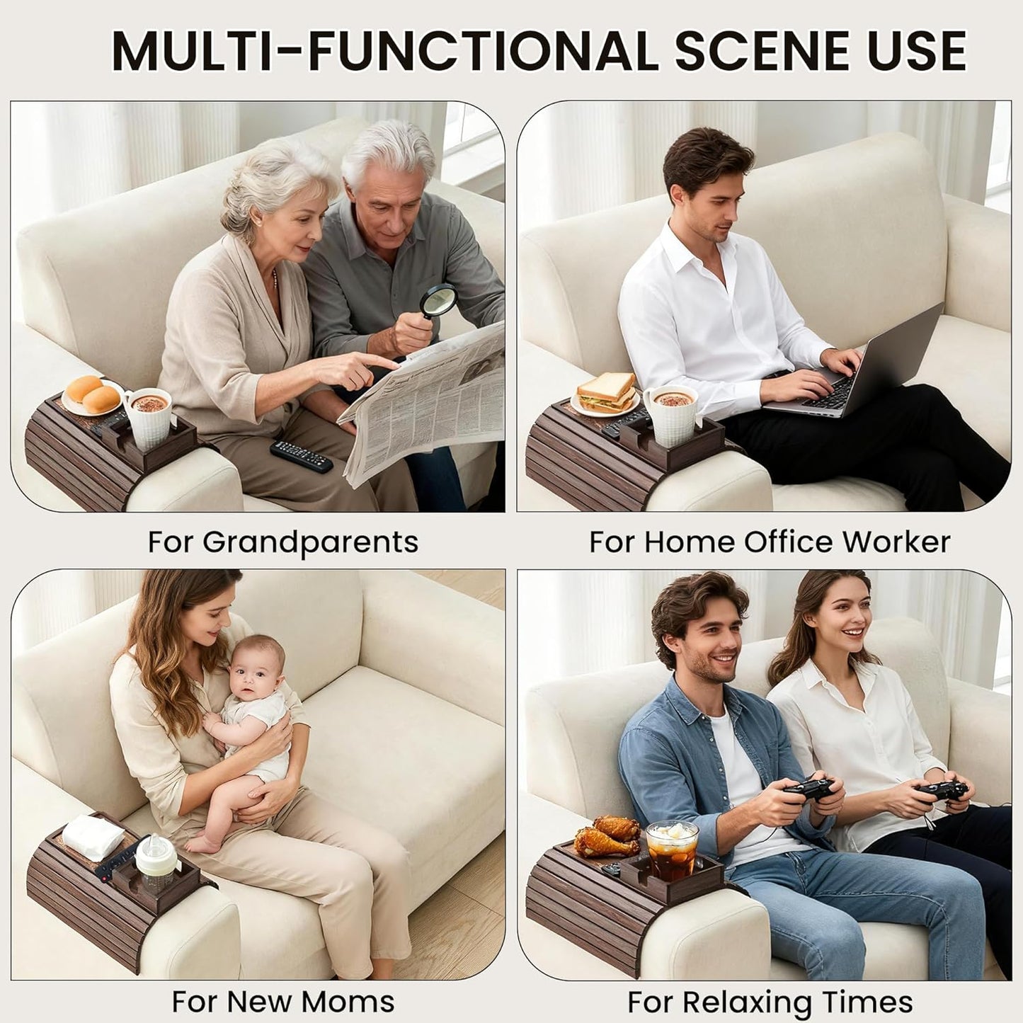Bamboo Sofa Arm Tray Table, Foldable Couch Cup Holder, Anti-Slip Wide Couch Arm Tray Aremrest Table for Drink, Cup, Remote, Snacks, Cellphone, Portable, Brown