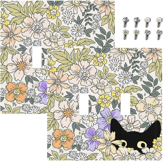 Decorative Light Switch Plate Covers Cute Black Cat in a Flower Patch Botanical Garden 2 Gang Wall Plate Double Toggle Double Light Switch Covers for Bedroom Home Decor （2 Pack）