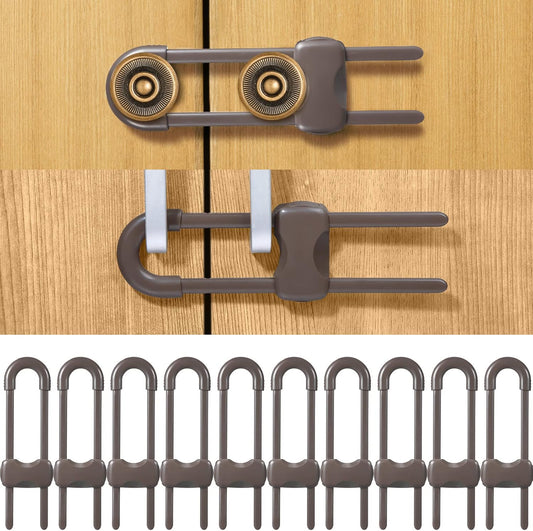 Jetec 10 Pieces Cabinet Locks for Babies, U-Shaped Proofing Drawers Safety Child Locks Adjustable, Easy to Use Childproof Latch for Knob Handle on Kitchen Door Storage Cupboard Closet (Brown)