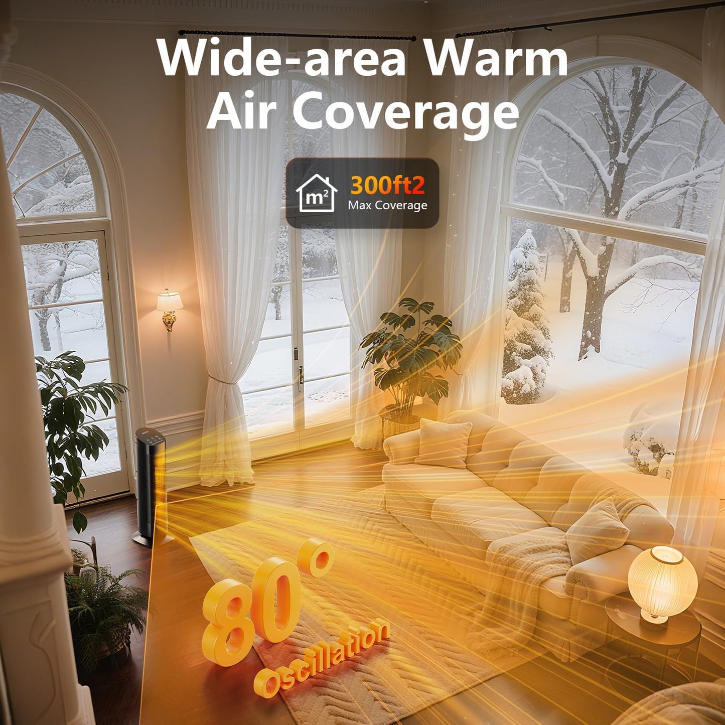 Space Heater Large Room, 23" Space Heaters for Indoor Use, 1500W PTC Ceramic Electric Heater with Thermostat and Remote, 80° Oscillation,12H Timer,Quiet Portable Heater for Office Bedroom Silver
